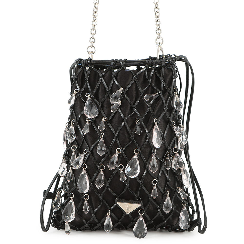 PRADA Bijoux Drawstring Bag ChainShoulder Bag Black Satin Leather