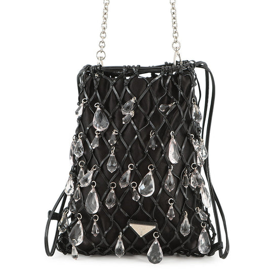 PRADA Bijoux Drawstring Bag ChainShoulder Bag Black Satin Leather
