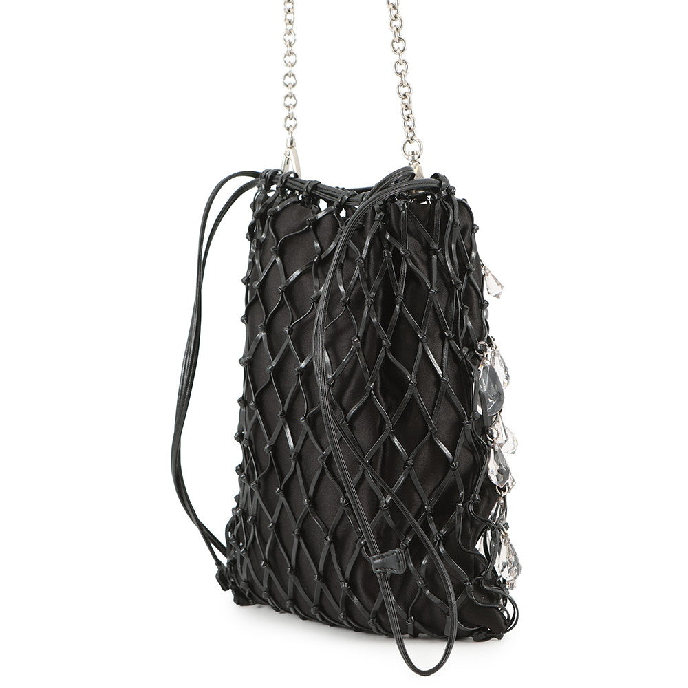 PRADA Bijoux Drawstring Bag ChainShoulder Bag Black Satin Leather