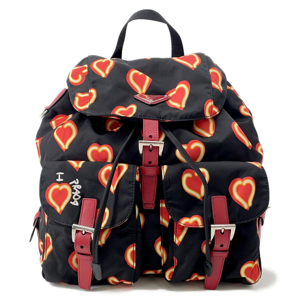 PRADA Heart Pattern Backpack Black/Red1BZ006 Nylon