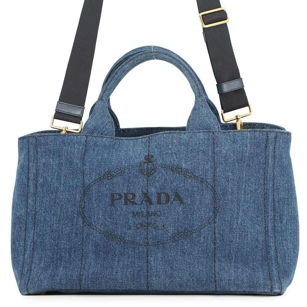 PRADA Canapa 2WAY Tote Bag Blue1BG642 Denim Size Medium