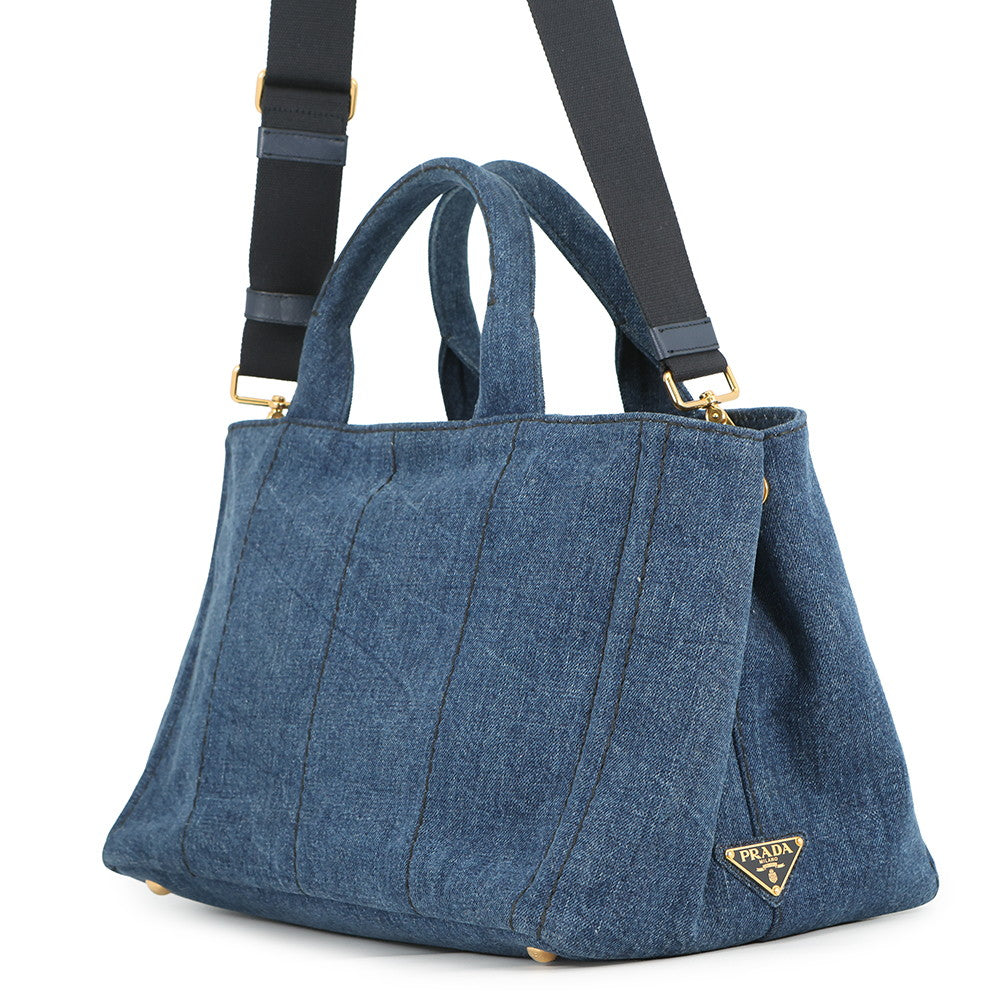 PRADA Canapa 2WAY Tote Bag Blue1BG642 Denim Size Medium