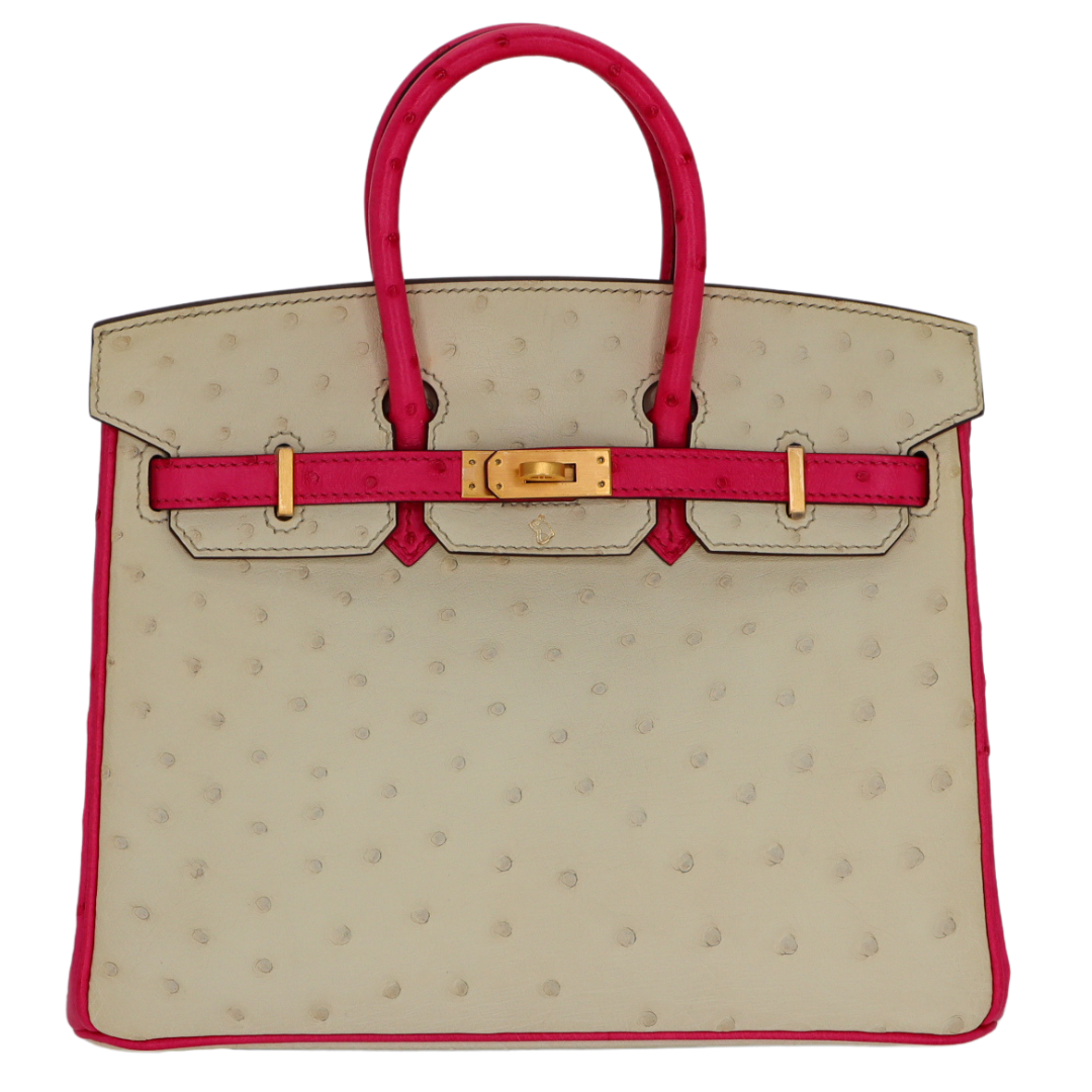 Hermes25cm Birkin HSS Nata/ Rose Tyrien Ostrich Brushed Gold Hardware