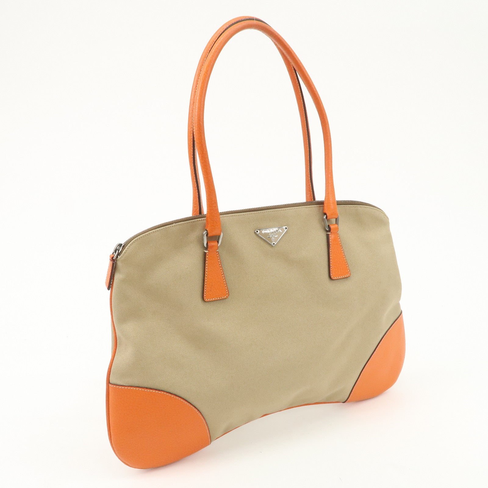PRADA Triangle Logo Canvas Leather Shoulder Bag Orange Beige