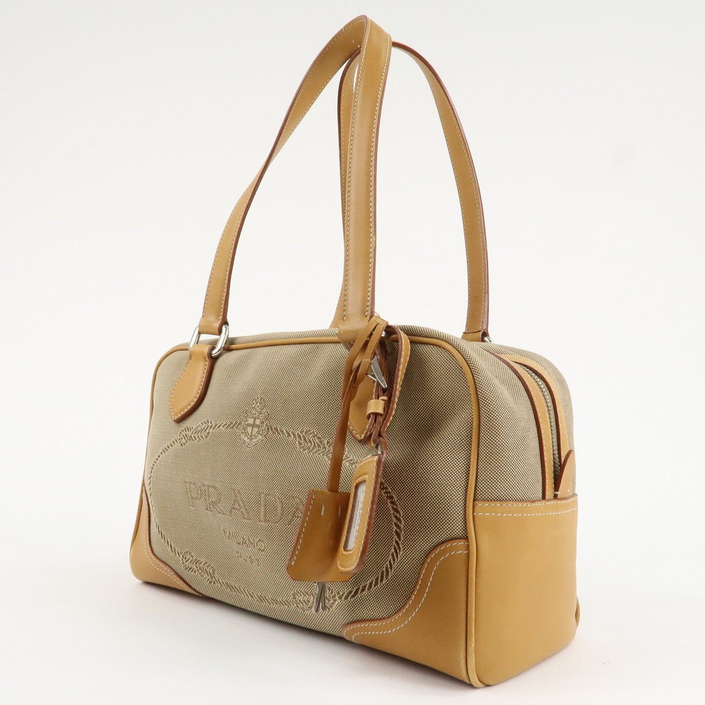 PRADA Logo Jacquard Leather Boston Bag Shoulder Bag Beige