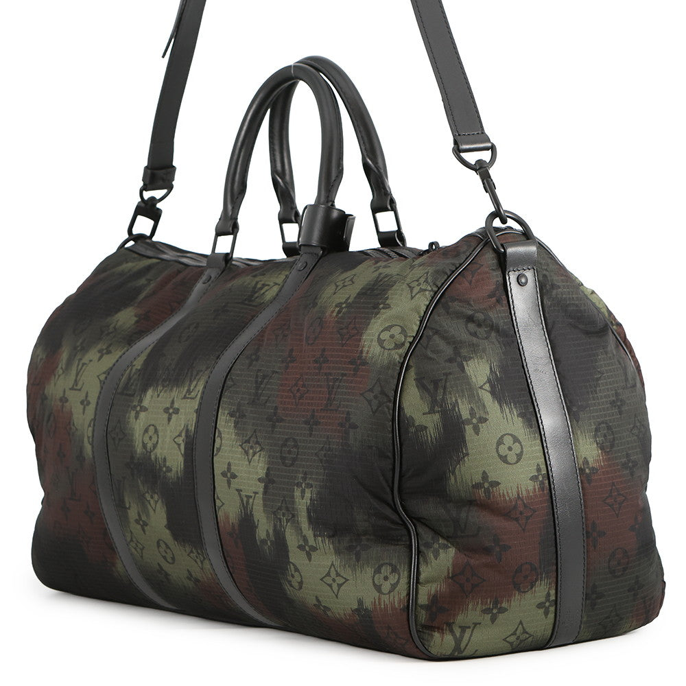 LOUIS VUITTON Keepall Bandouliere Khaki/NoirM56416 Monogram?Camouflage Nylon Leather Size 50