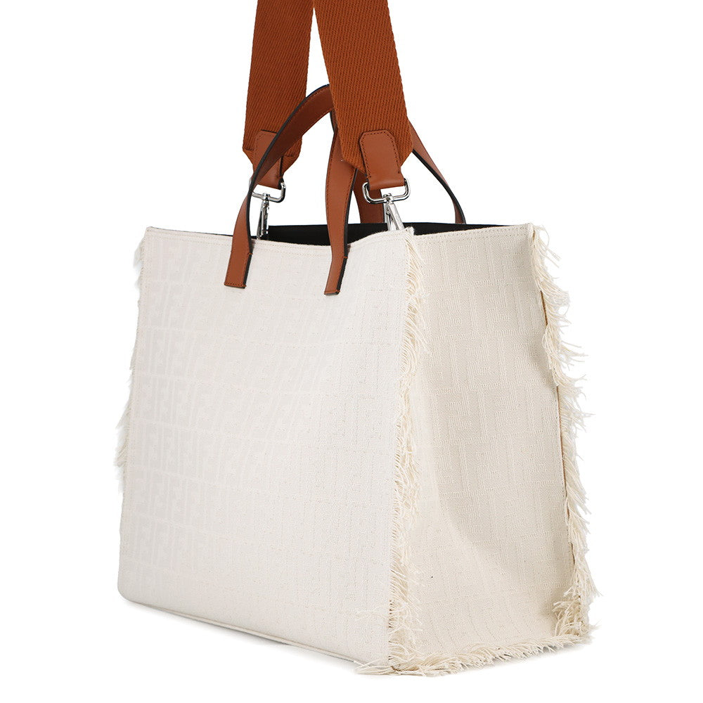 FENDI Logo 2WAY Tote Bag White/Brown7VA591 Canvas Leather