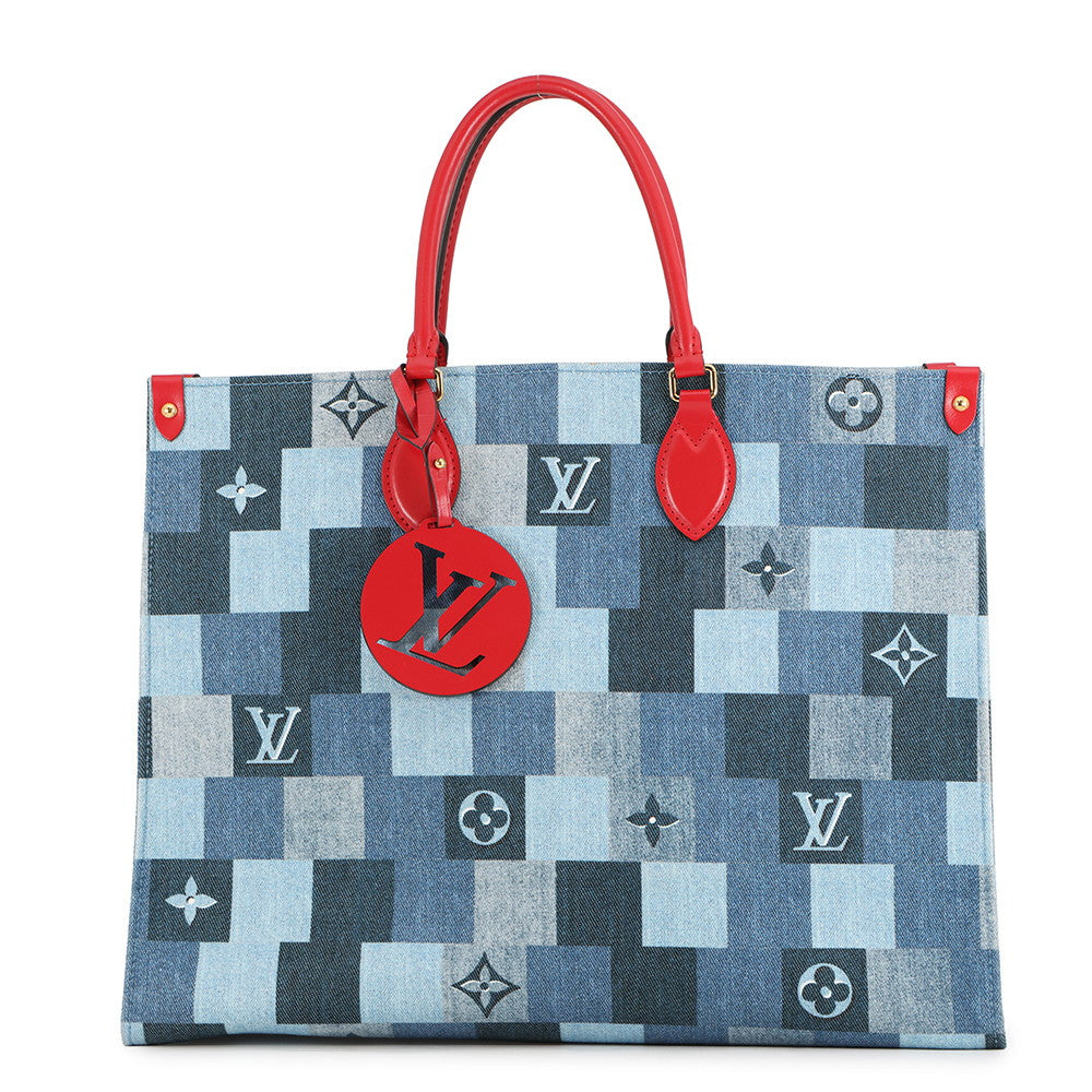 LOUIS VUITTON Onthego Blue/RedM44992 Monogram Denim Leather Size GM