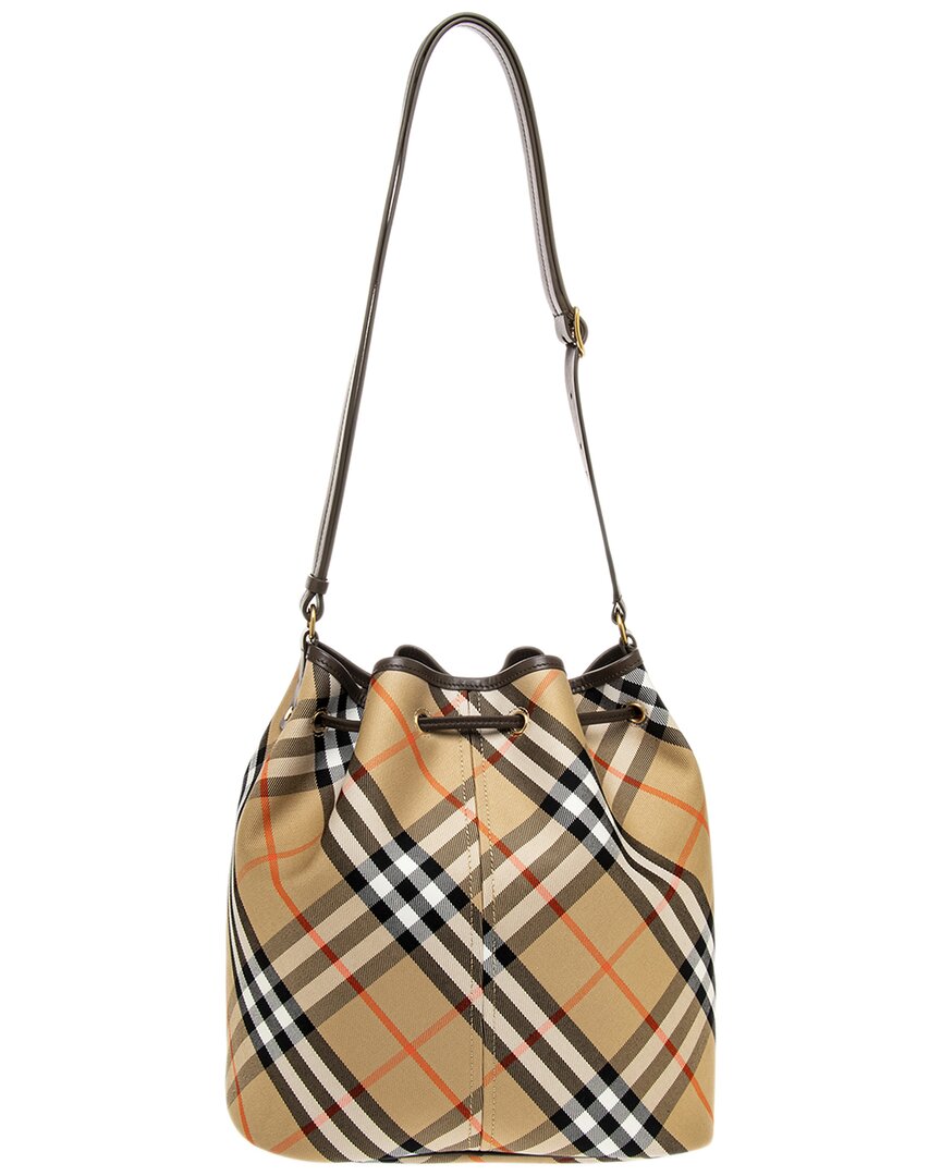 Burberry Check Medium Leather-Trim Bucket Bag