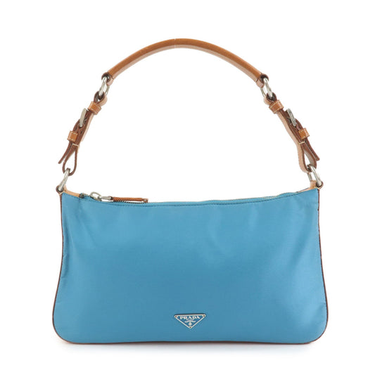 PRADA Triangle Logo Nylon Leather Shoulder Bag Blue Brown BR2205