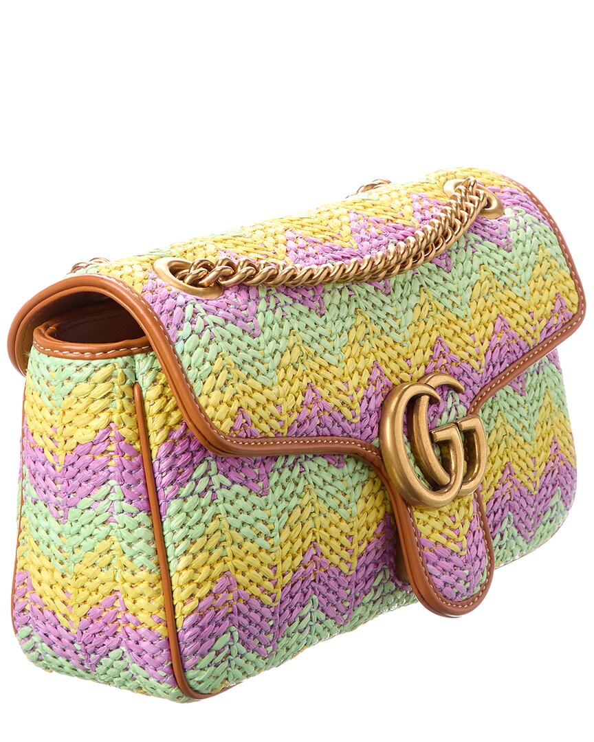 Gucci Gg Marmont Small Matelasse Raffia & Leather Shoulder Bag