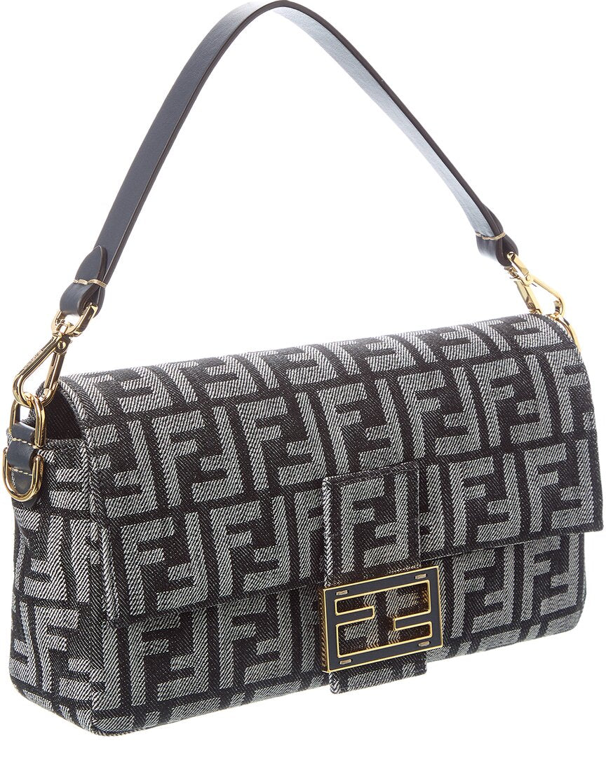 Fendi Baguette Ff Denim Jacquard & Leather Shoulder Bag