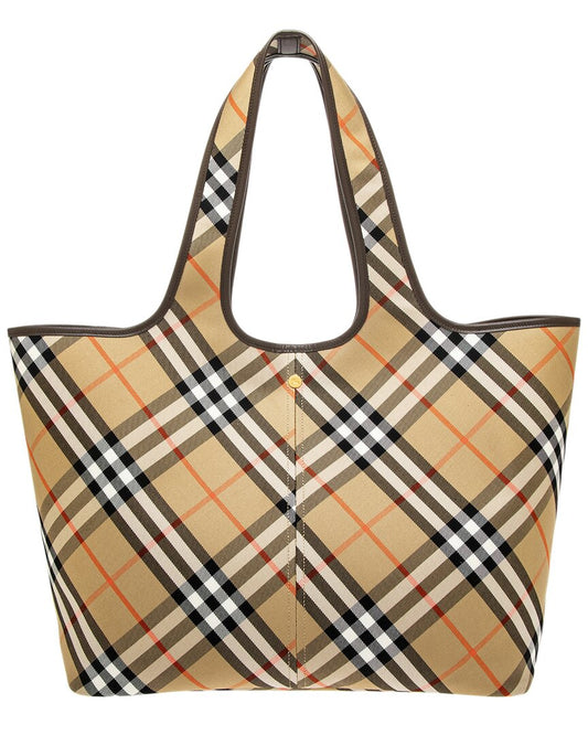 Burberry Check Medium Leather-Trim Tote