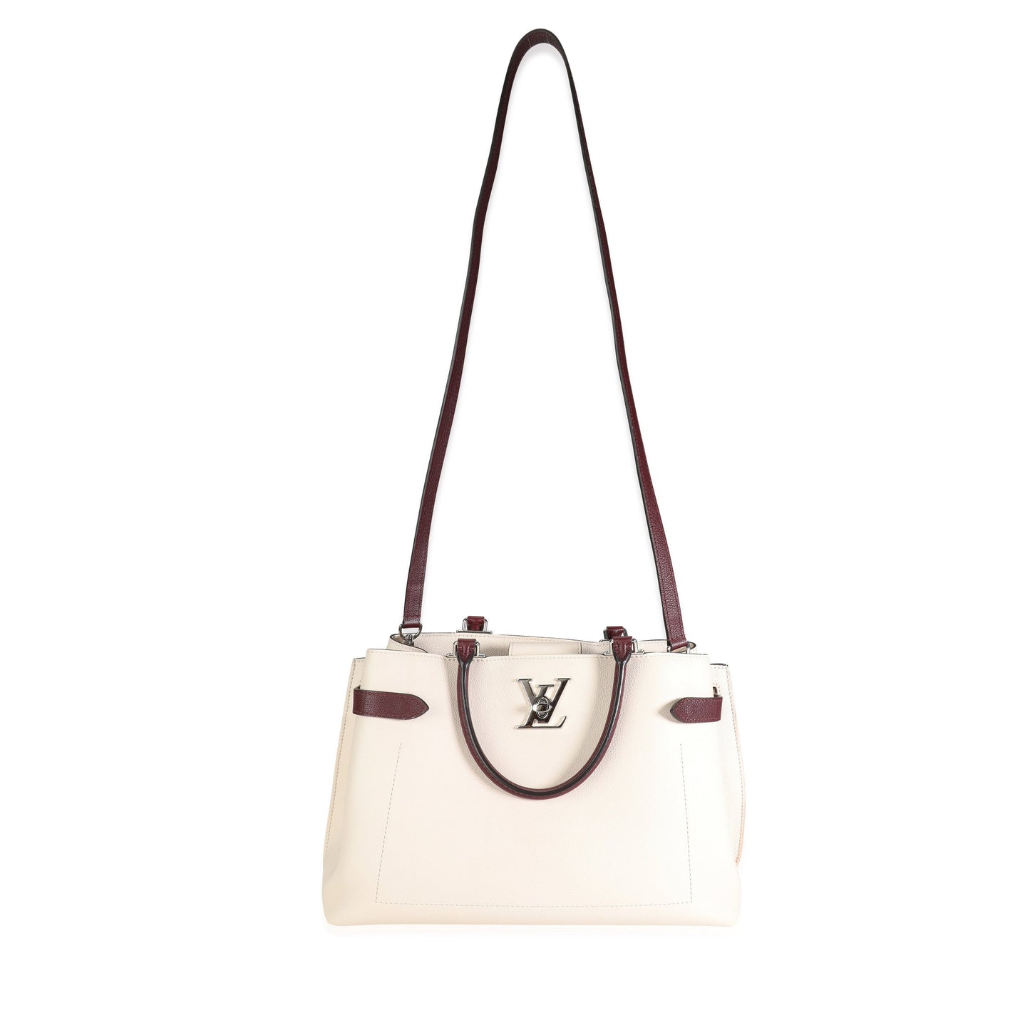 Luxury Women's Handbag | Louis Vuitton Cream & Burgundy Grained Calf Leather Lockme Day Bag