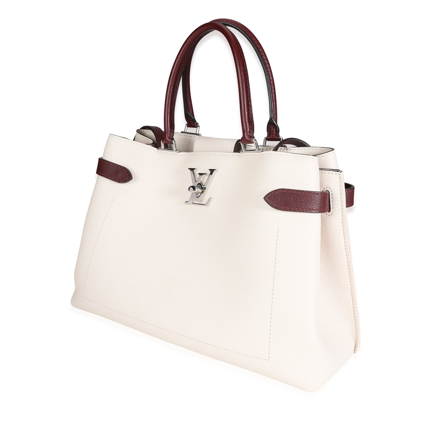 Luxury Women's Handbag | Louis Vuitton Cream & Burgundy Grained Calf Leather Lockme Day Bag