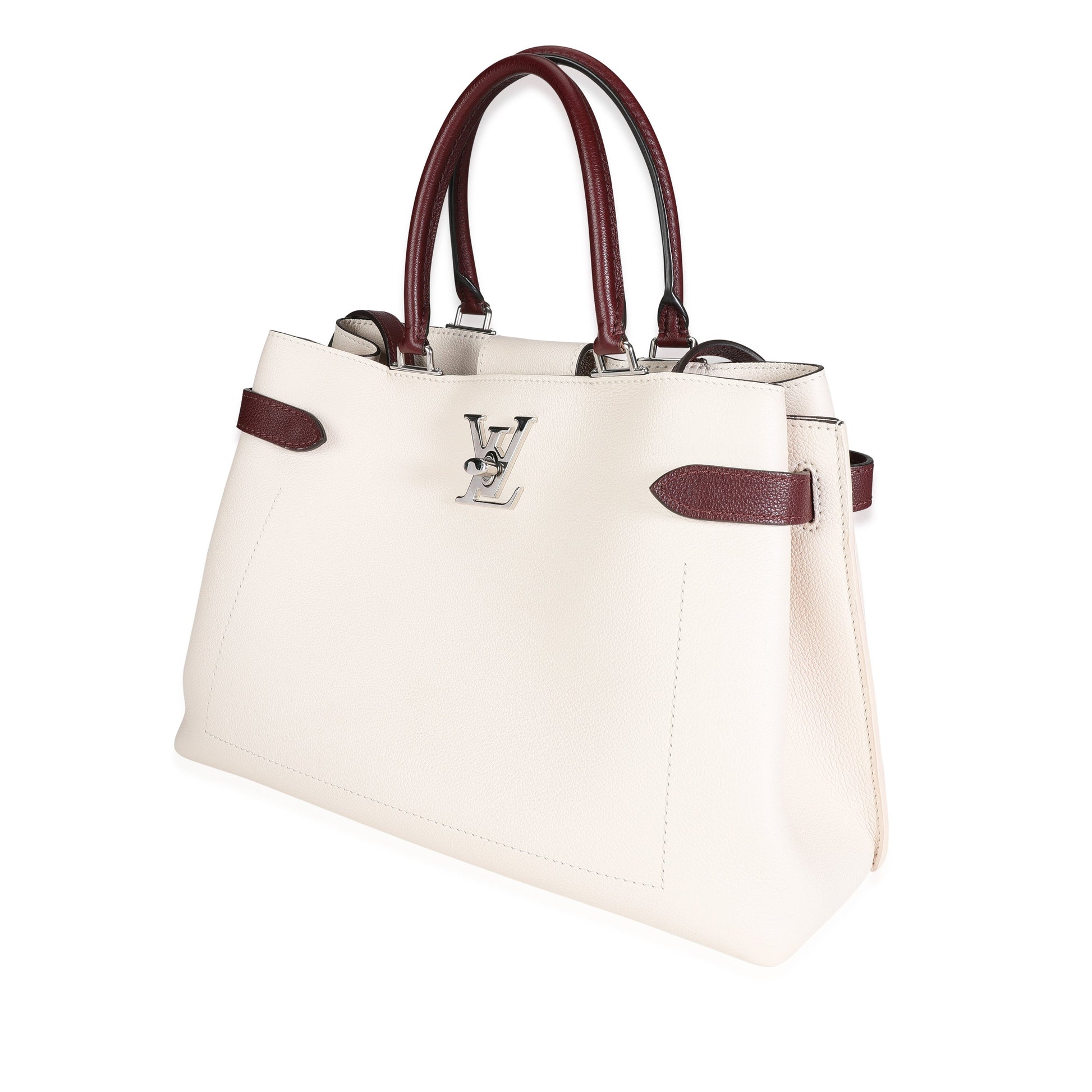 Luxury Women's Handbag | Louis Vuitton Cream & Burgundy Grained Calf Leather Lockme Day Bag
