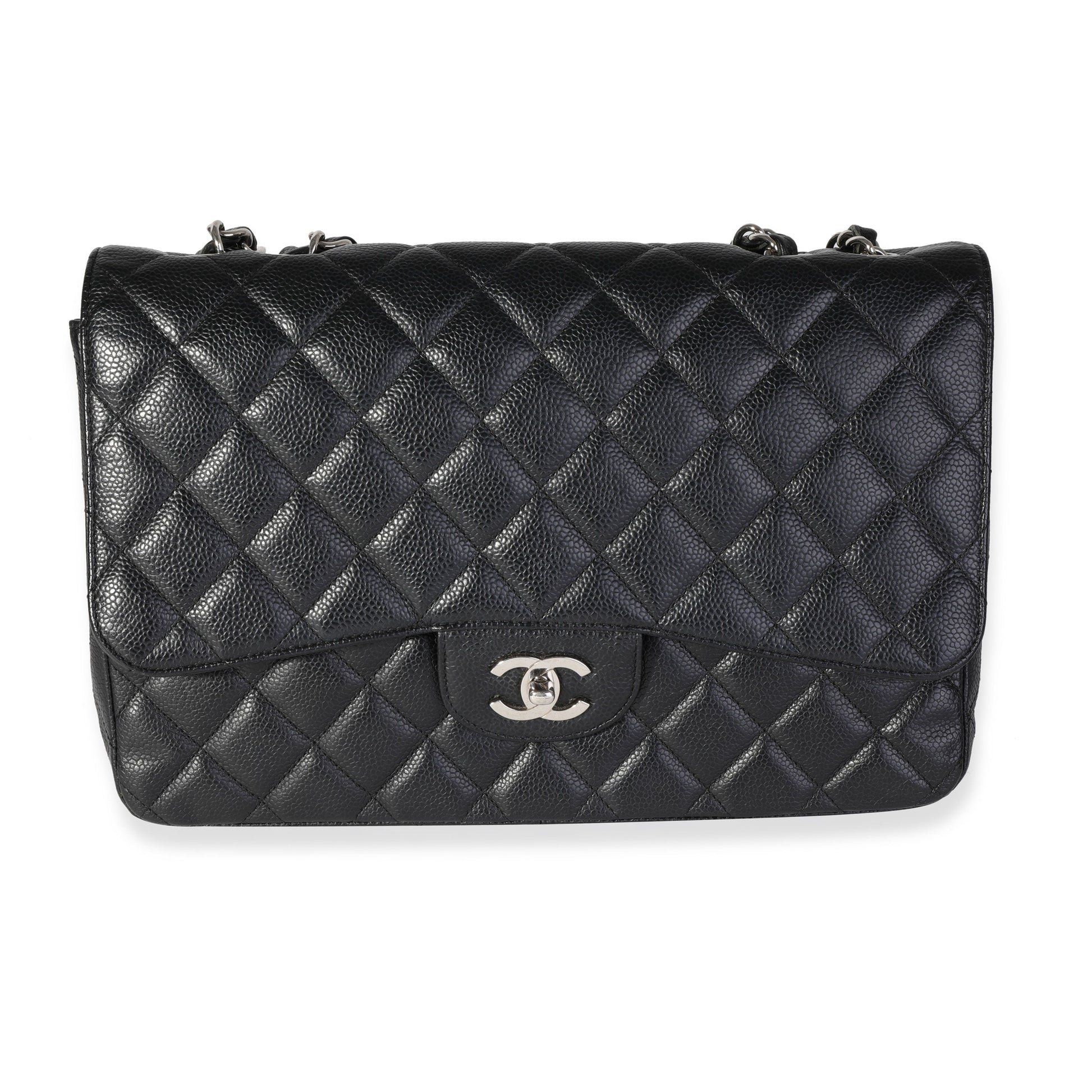 CHANEL Black Quilted Caviar Jumbo Classic Single Flap Bag