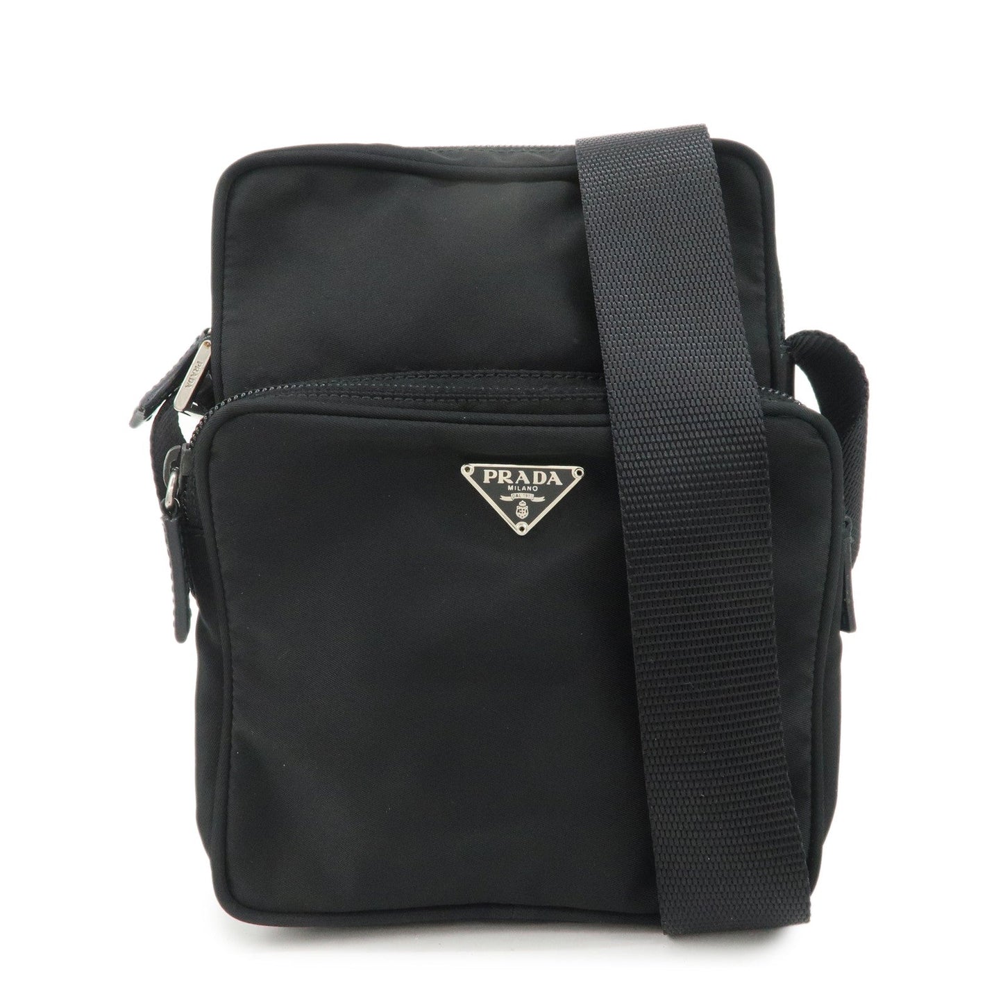 PRADA Triangle Logo Leather Nylon Shoulder Bag Black BT0169