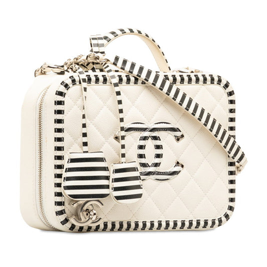 Chanel CC Filigree Chain Shoulder Bag Vanity Bag White Black Canvas CHANEL