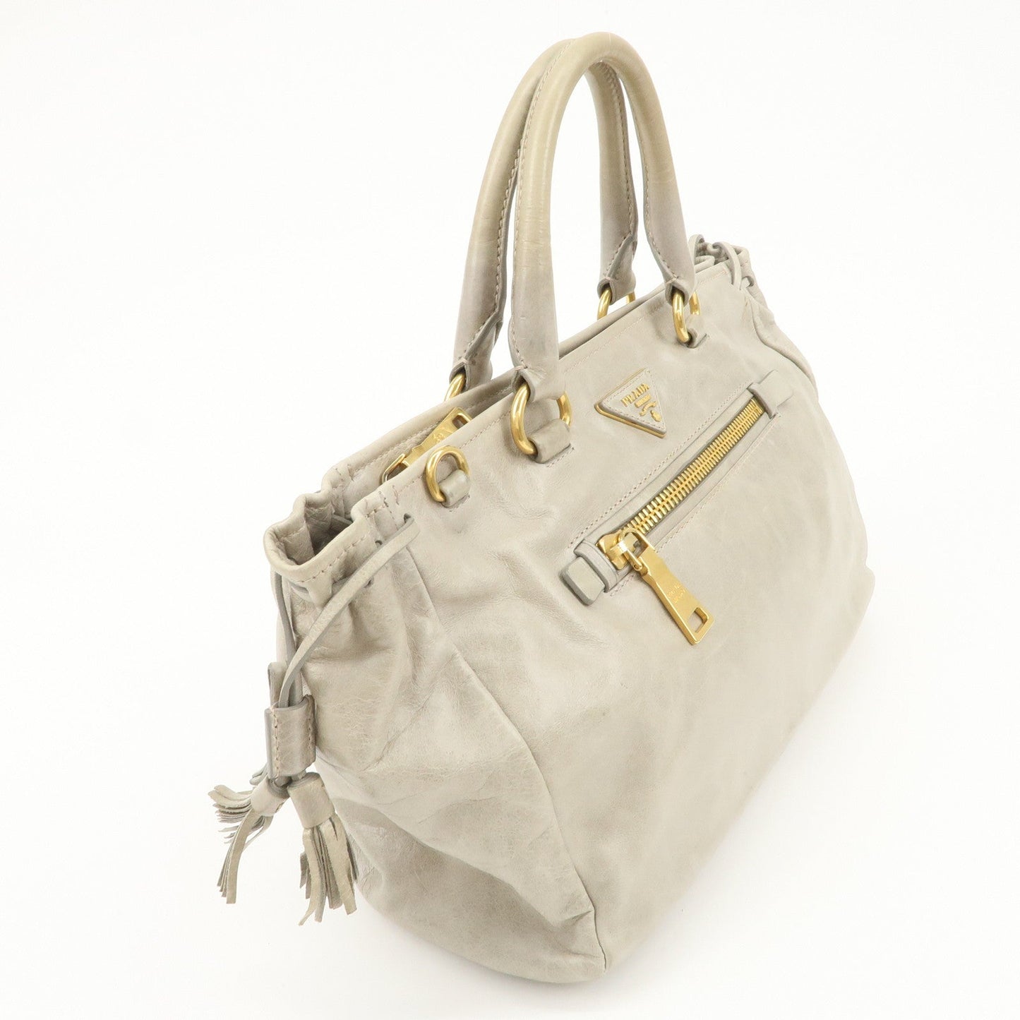 PRADA Triangle Logo VITELLOSHINE Leather 2Way Bag Hand Bag Gray BN1921