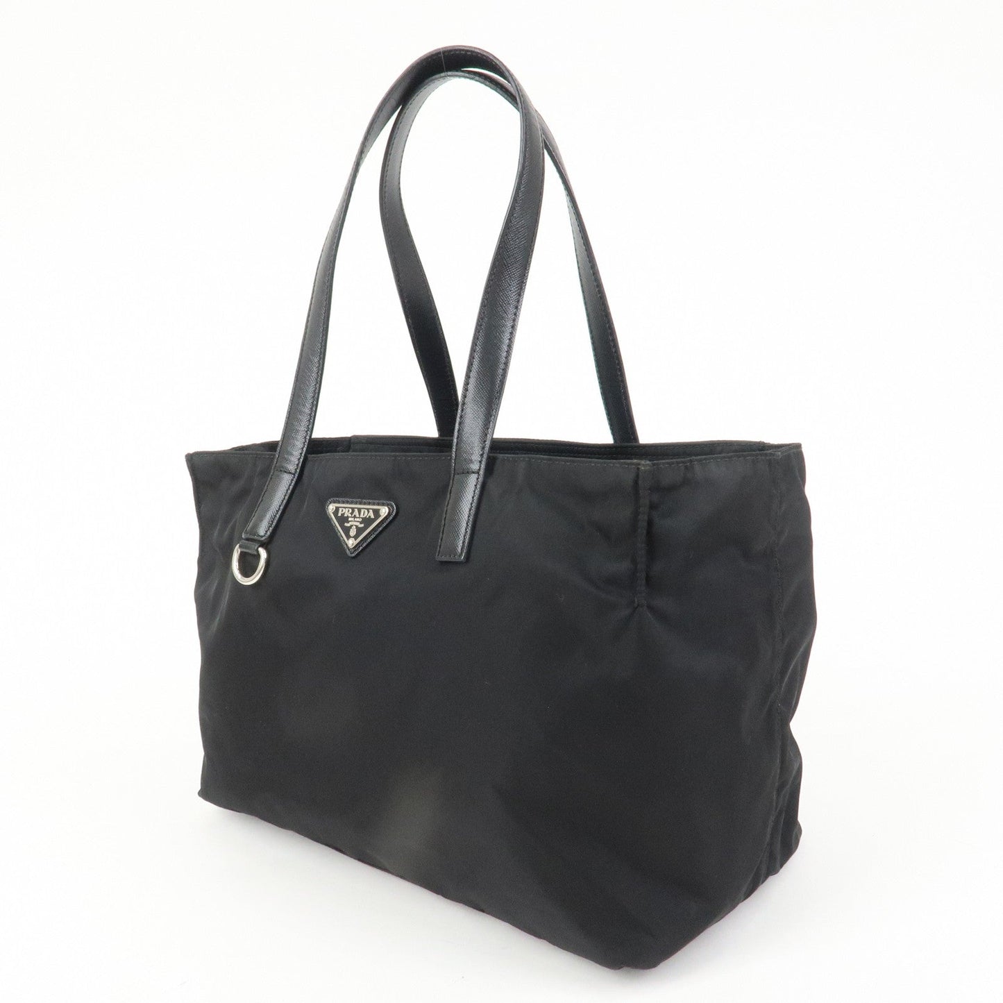 PRADA Triangle Logo Nylon Saffiano Leather Tote Shoulder Bag Black