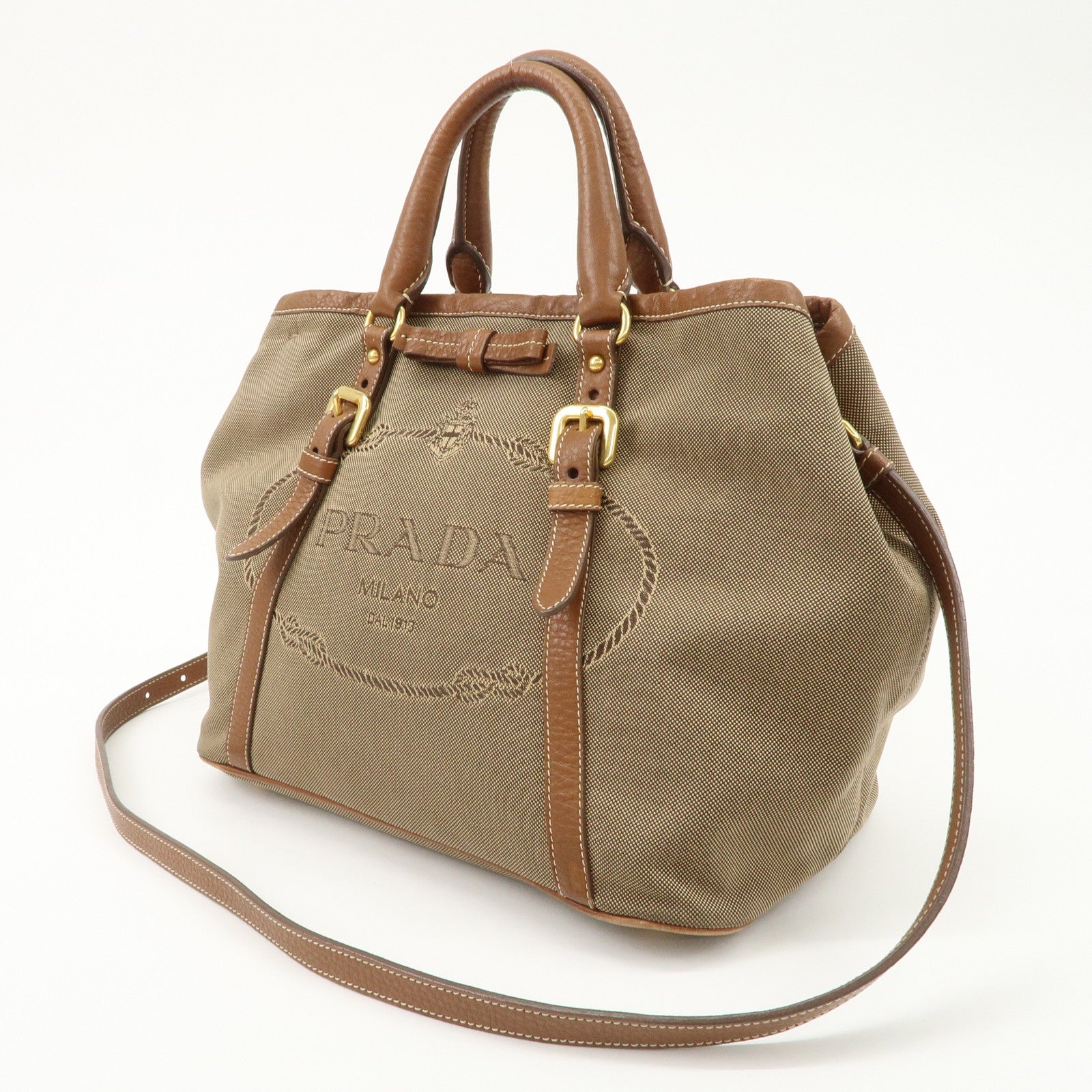 PRADA Leather Logo Jacquard Tote Bag Ribbon Beige Brown BN1841
