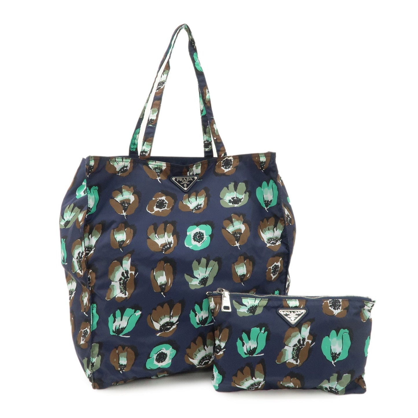 PRADA Triangle Logo Nylon Tote Bag w/Pouch Flower Print Navy B4626B