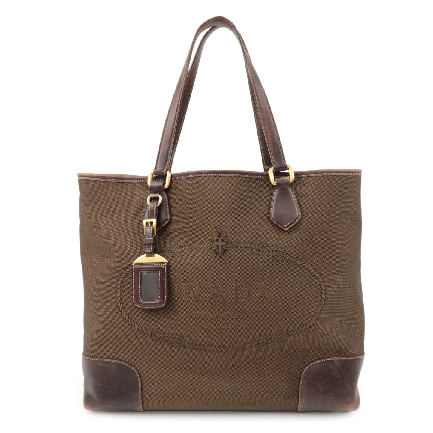 PRADA Triangle Logo Jacquard Leather 2Way Bag Tote Bag Brown