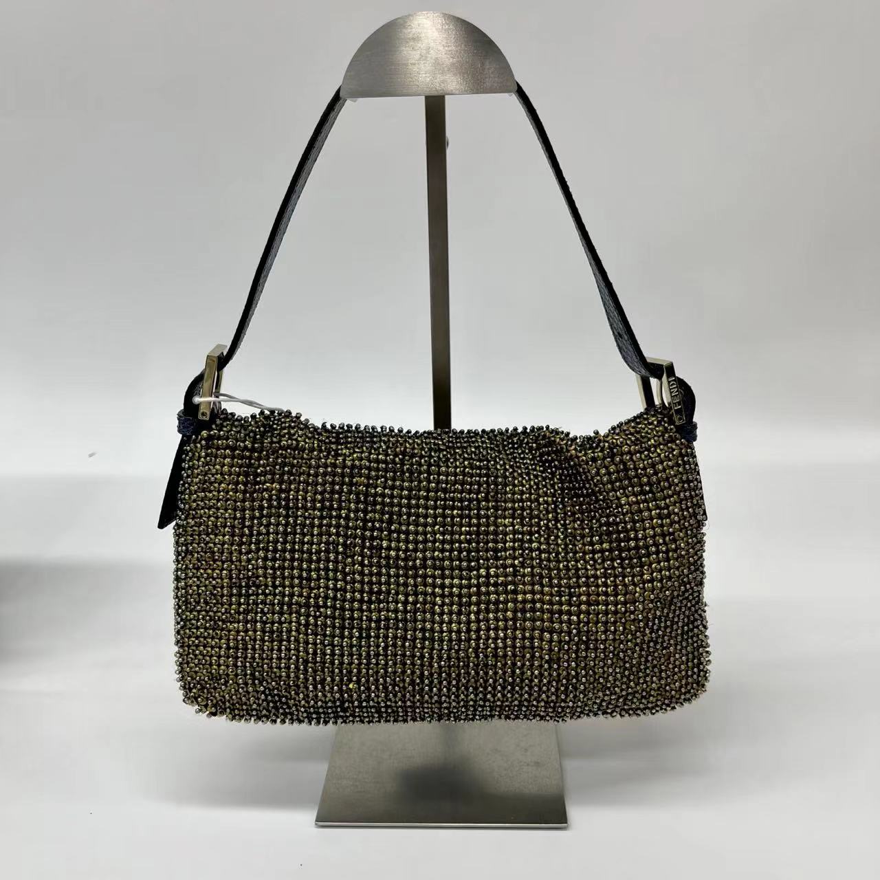 Fendi Baguette Rare Gold Metallic Beaded Snake-skin Trimmed Shoulder Bag