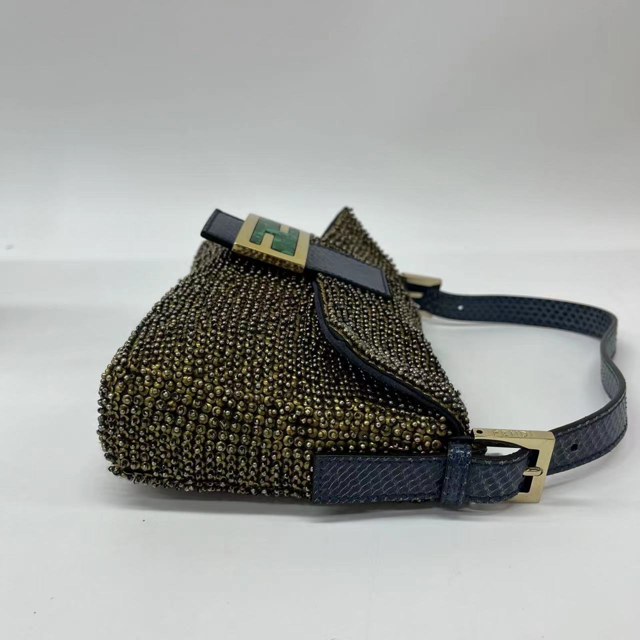 Fendi Baguette Rare Gold Metallic Beaded Snake-skin Trimmed Shoulder Bag