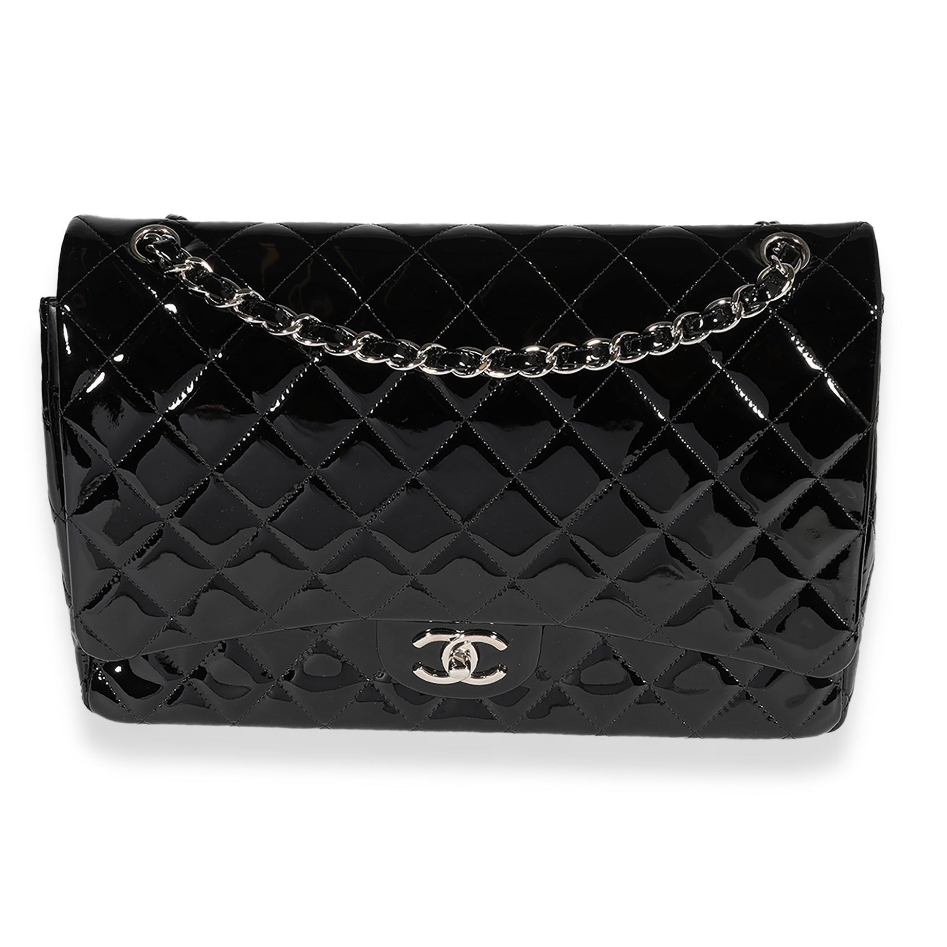 CHANEL Black Quilted Patent Leather Maxi Classic Double Flap Bag