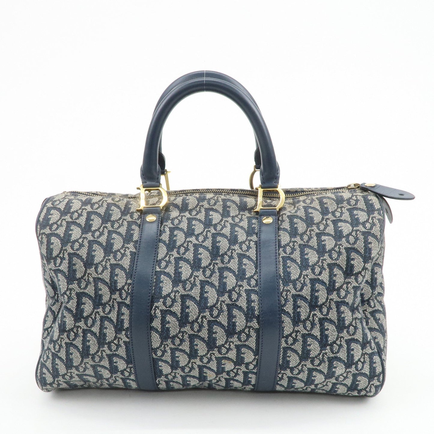 Christian Dior Trotter Jacquard Canvas Leather Boston Bag Navy