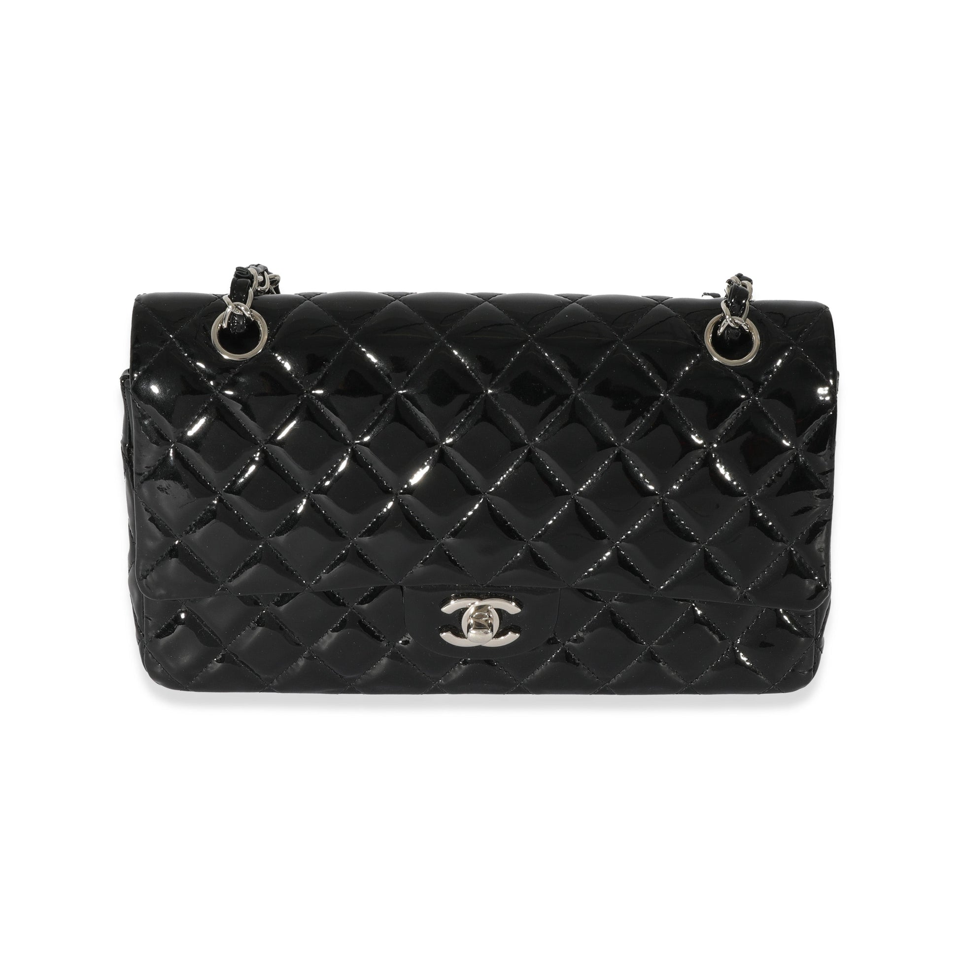 CHANEL Black Quilted Patent Leather Medium Classic Double Flap Bag