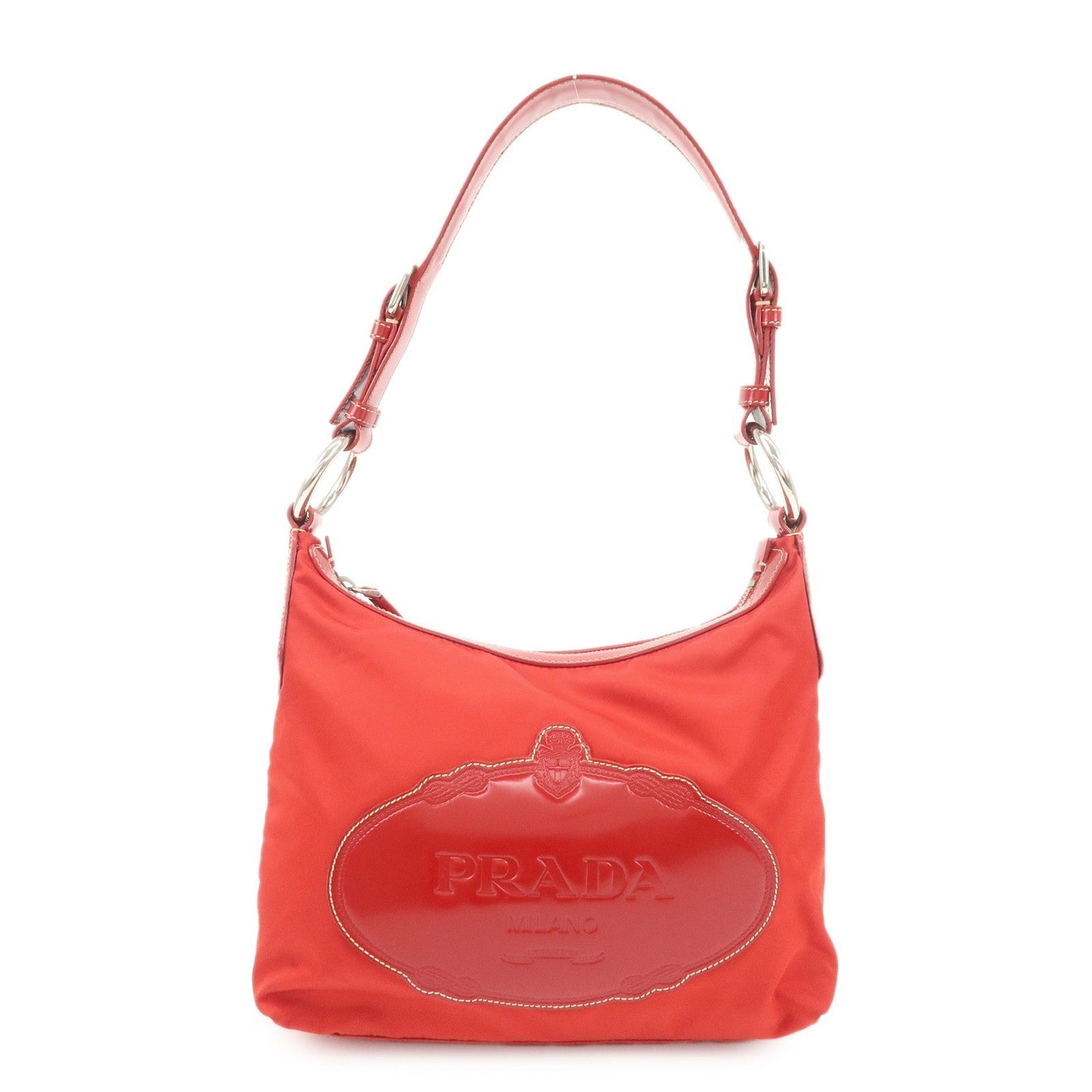 PRADA Logo Nylon Leather Shoulder Bag Silver HDW Red