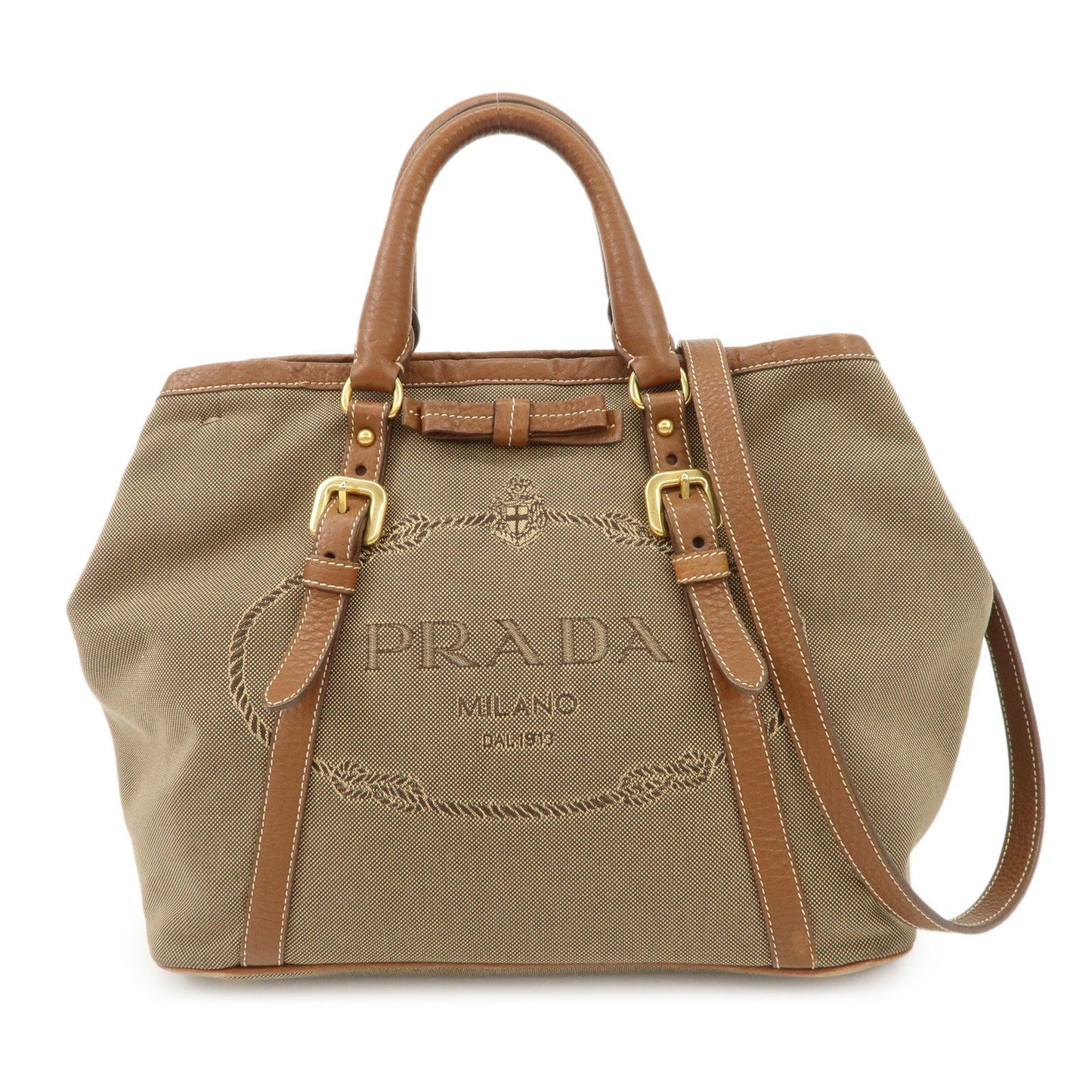 PRADA Leather Logo Jacquard Tote Bag Ribbon Beige Brown BN1841