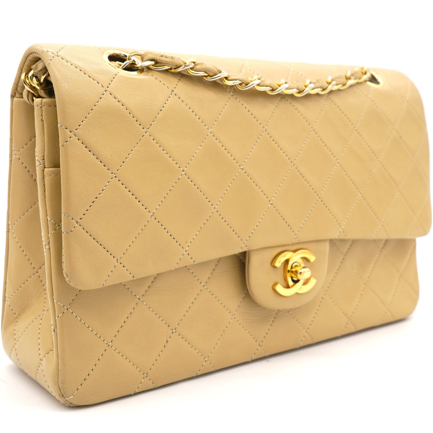 Chanel Beige Quilted Lambskin Leather Medium Classic Double Flap Shoulder Bag
