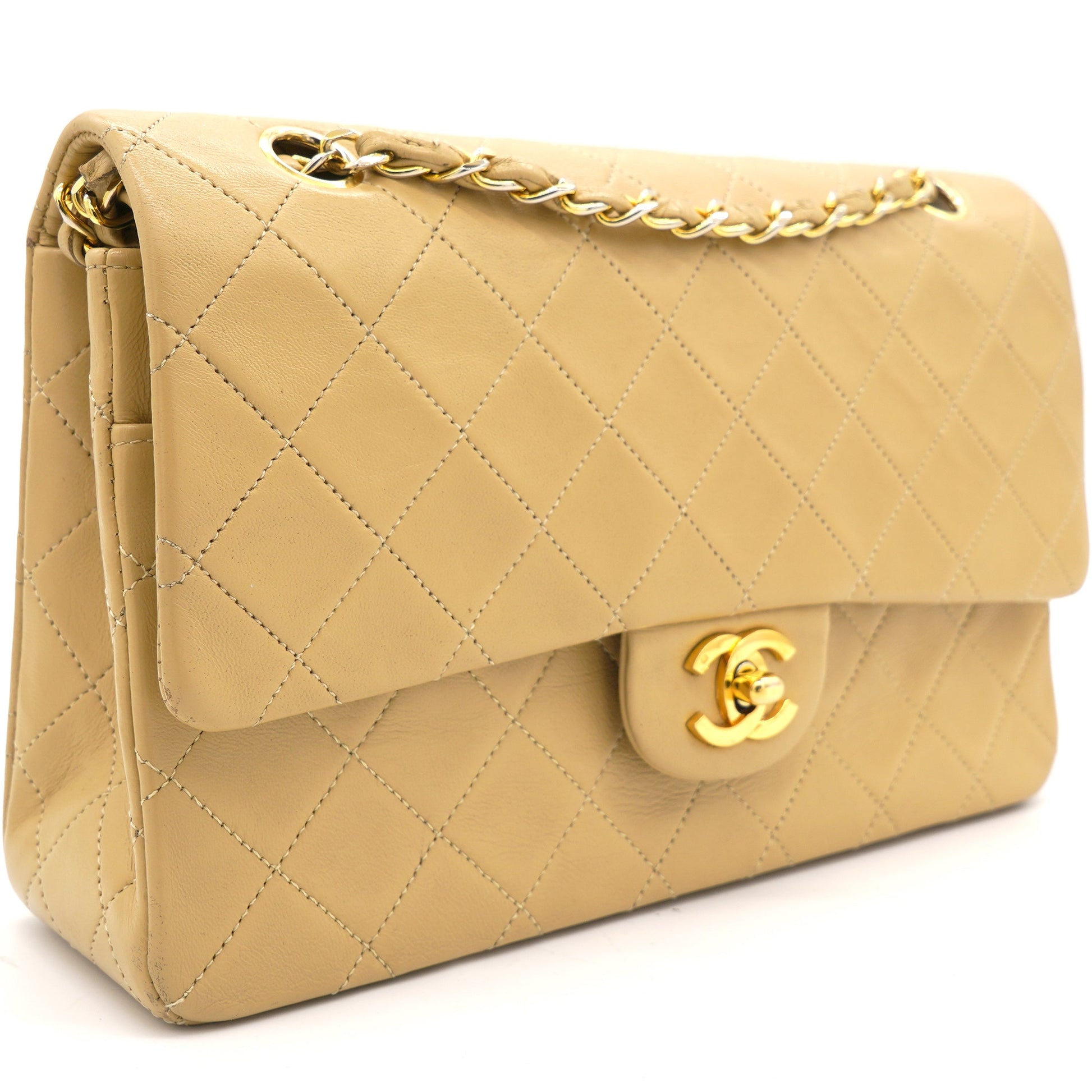 Chanel Beige Quilted Lambskin Leather Medium Classic Double Flap Shoulder Bag