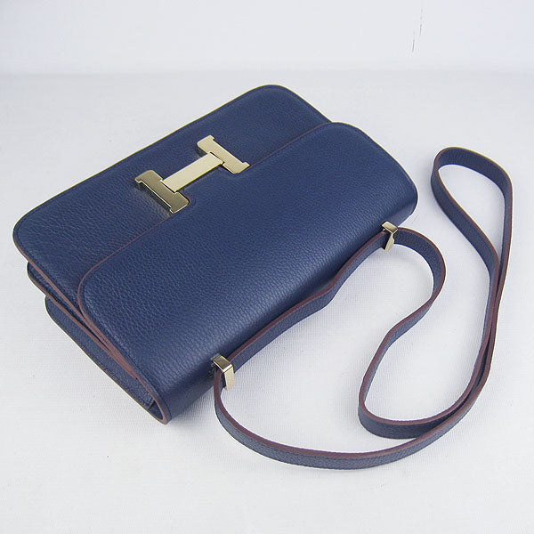 Luxury Hermes Calf Leather Message Bag Dark Blue Golden