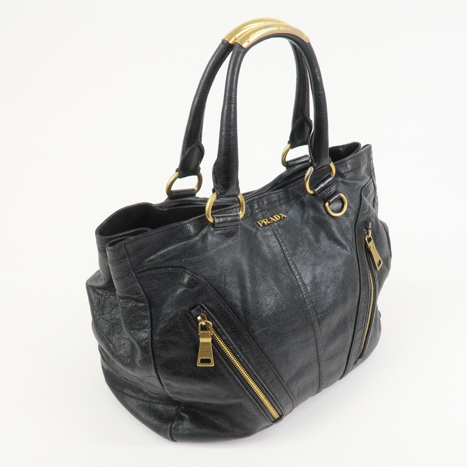 PRADA Logo Leather Tote Bag Shoulder Bag Black