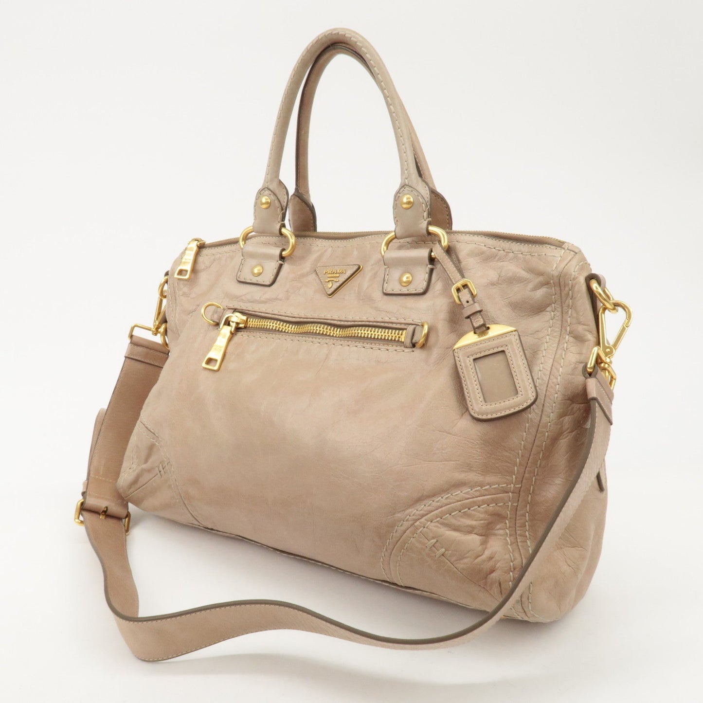 PRADA Triangle Logo Leather 2Way Bag Tote Bag Shoulder Bag Beige