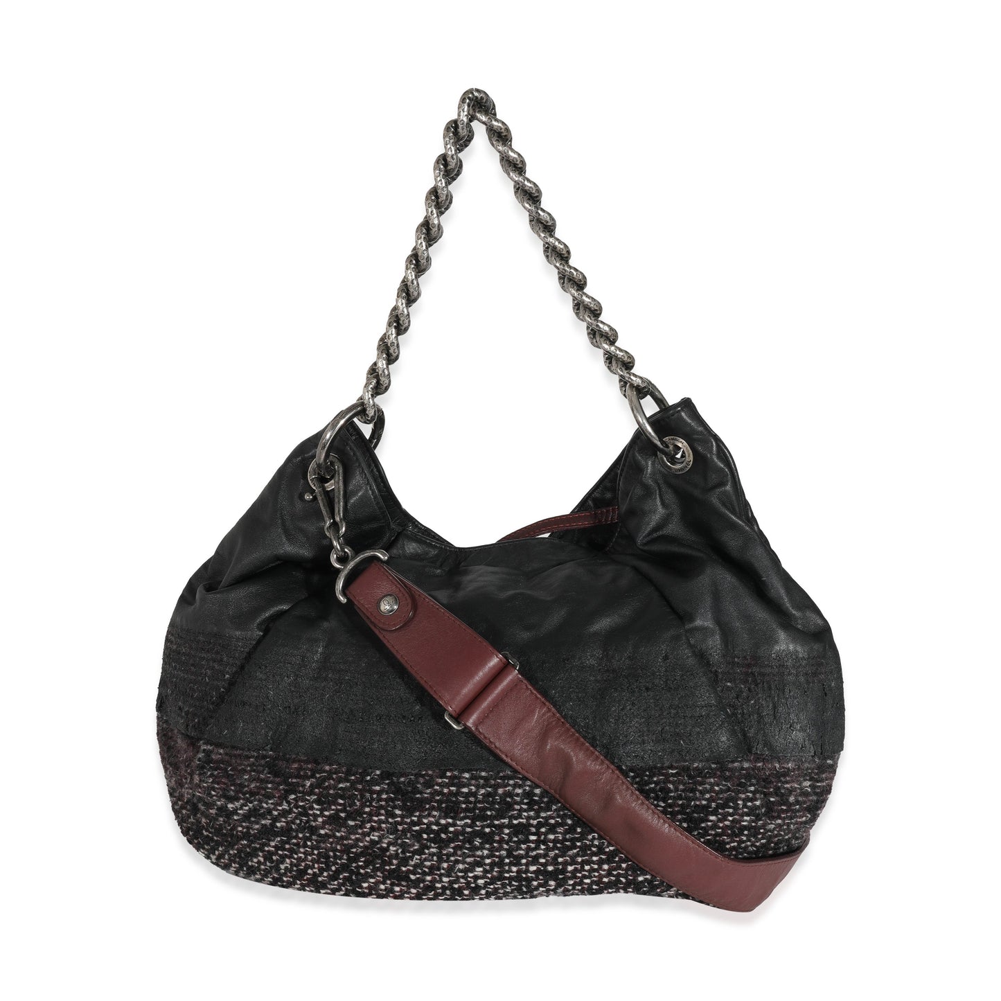 CHANEL Black Tweed Leather Coco Pleats Hobo