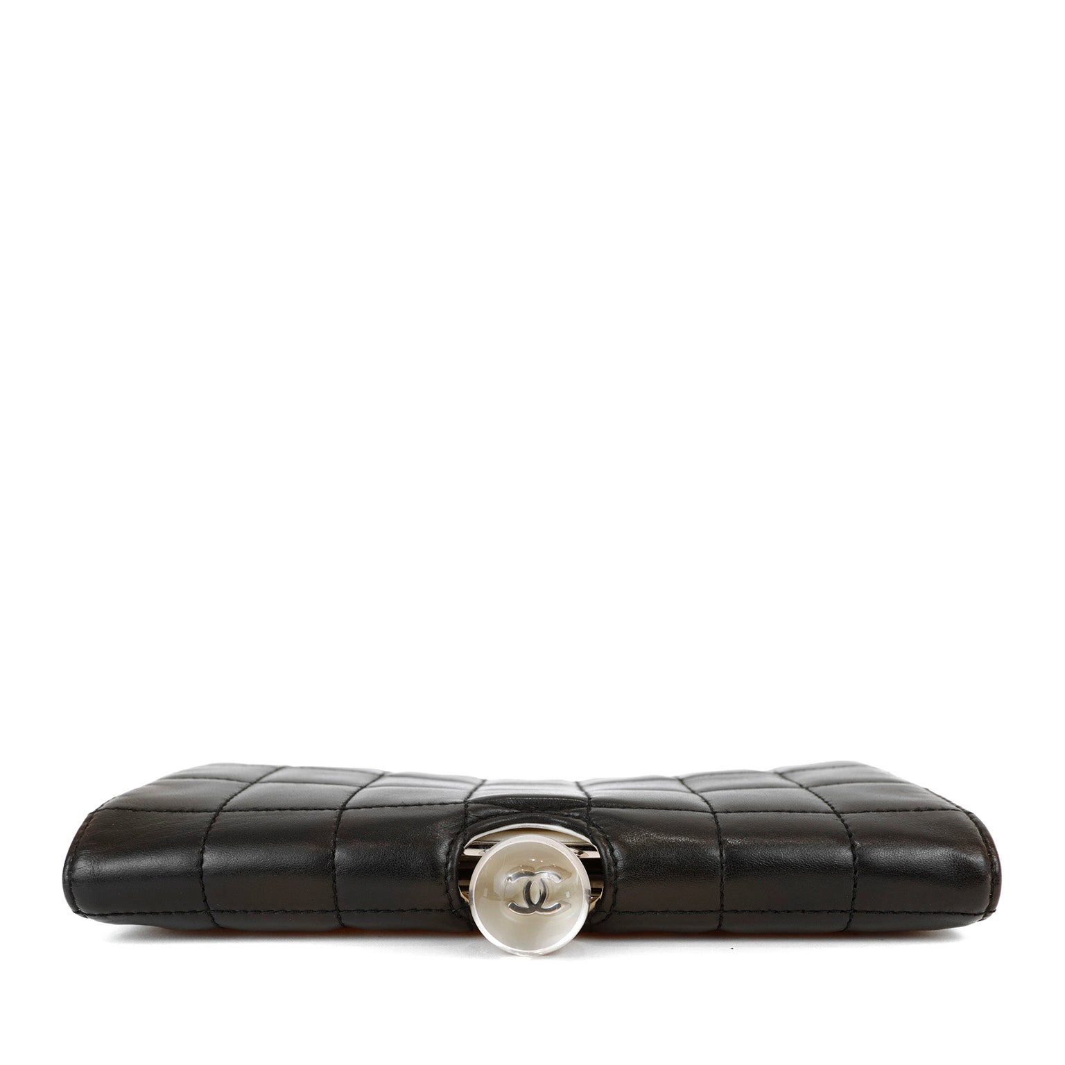 Chanel Black and White Lambskin Square Stitched Clutch with Lucite Knob