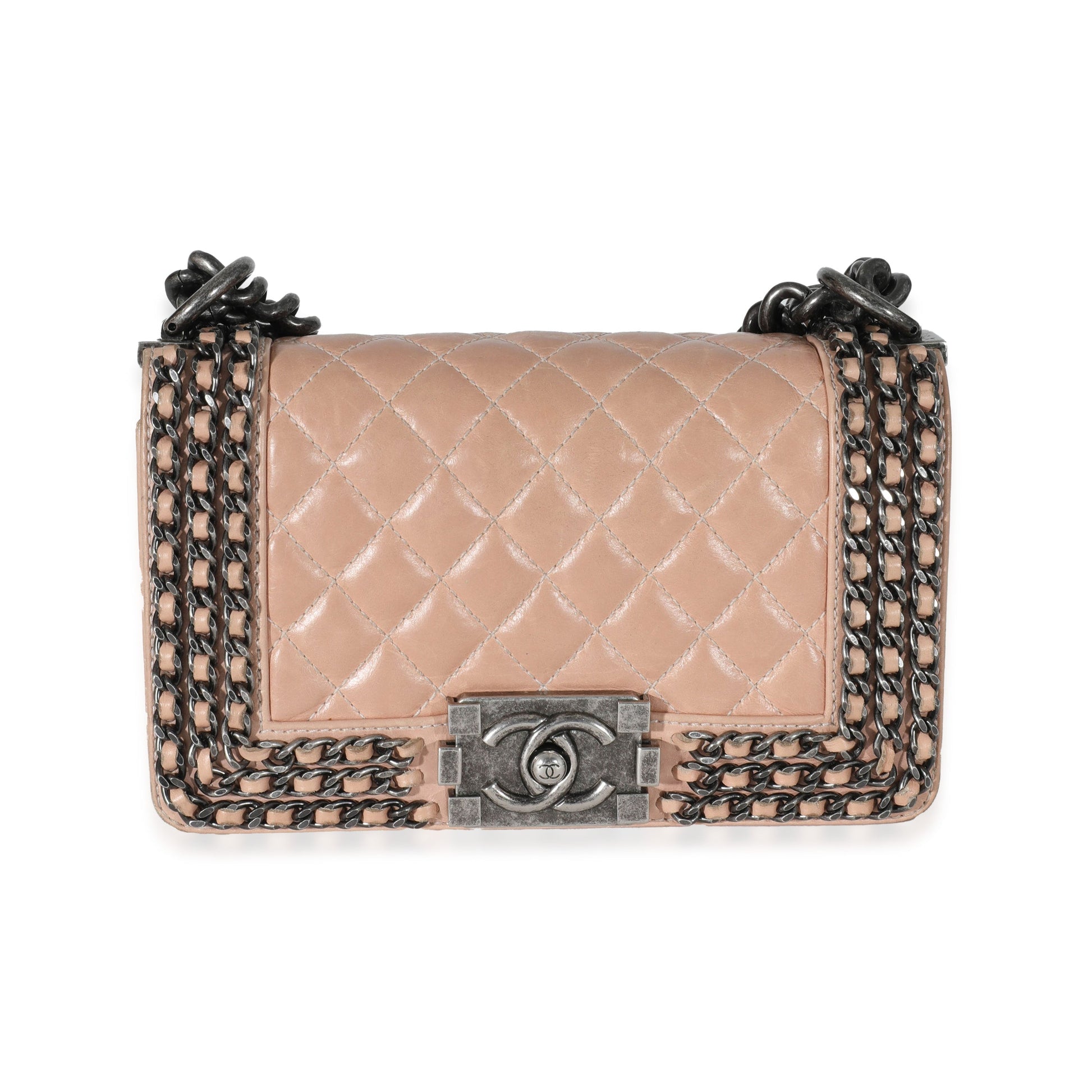 CHANEL Beige Glazed Calfskin Enchained Small Boy Bag