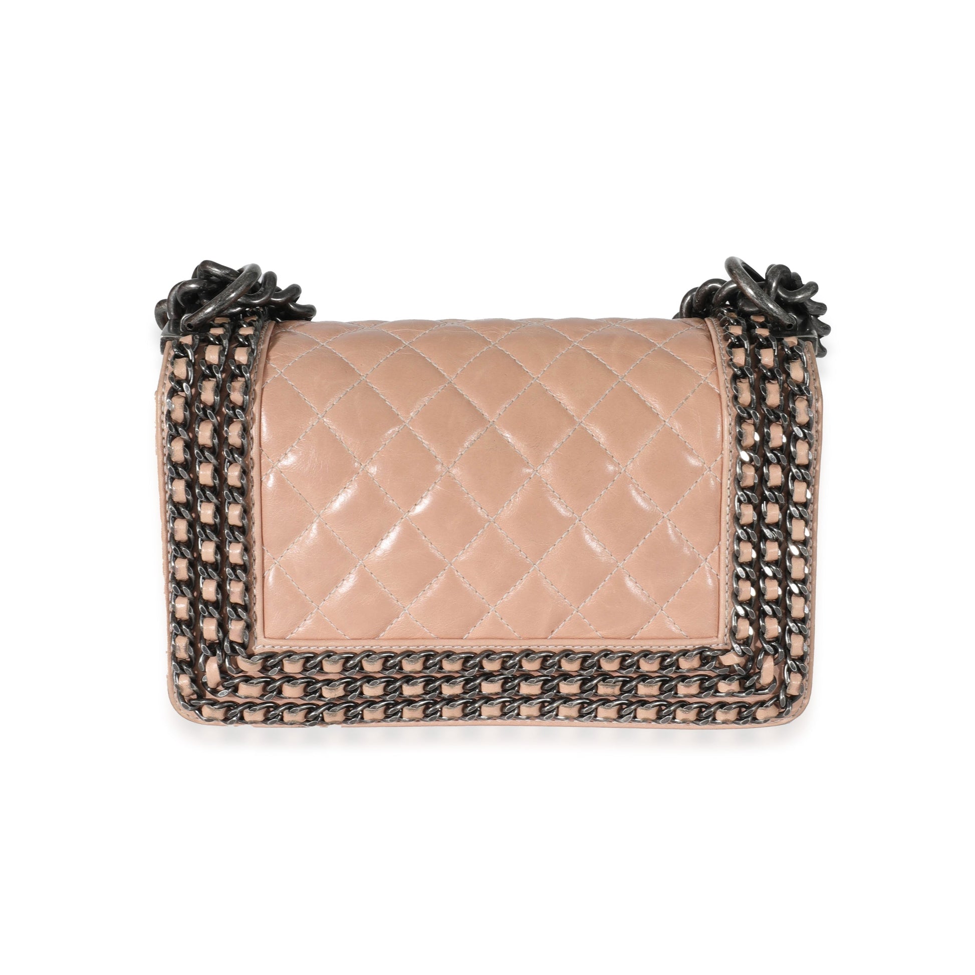 CHANEL Beige Glazed Calfskin Enchained Small Boy Bag