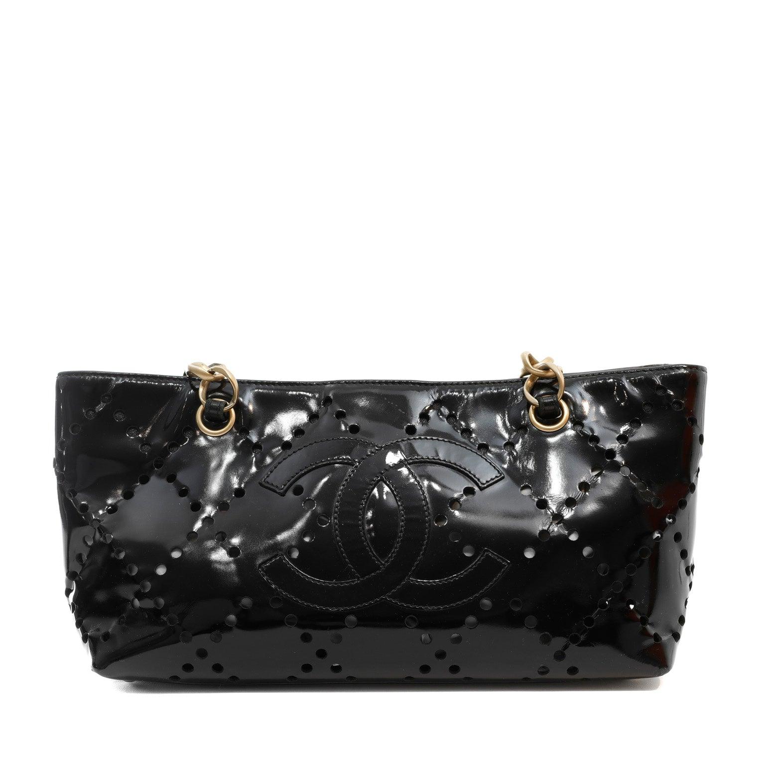 Chanel Black Patent Leather Perforated CC Tote