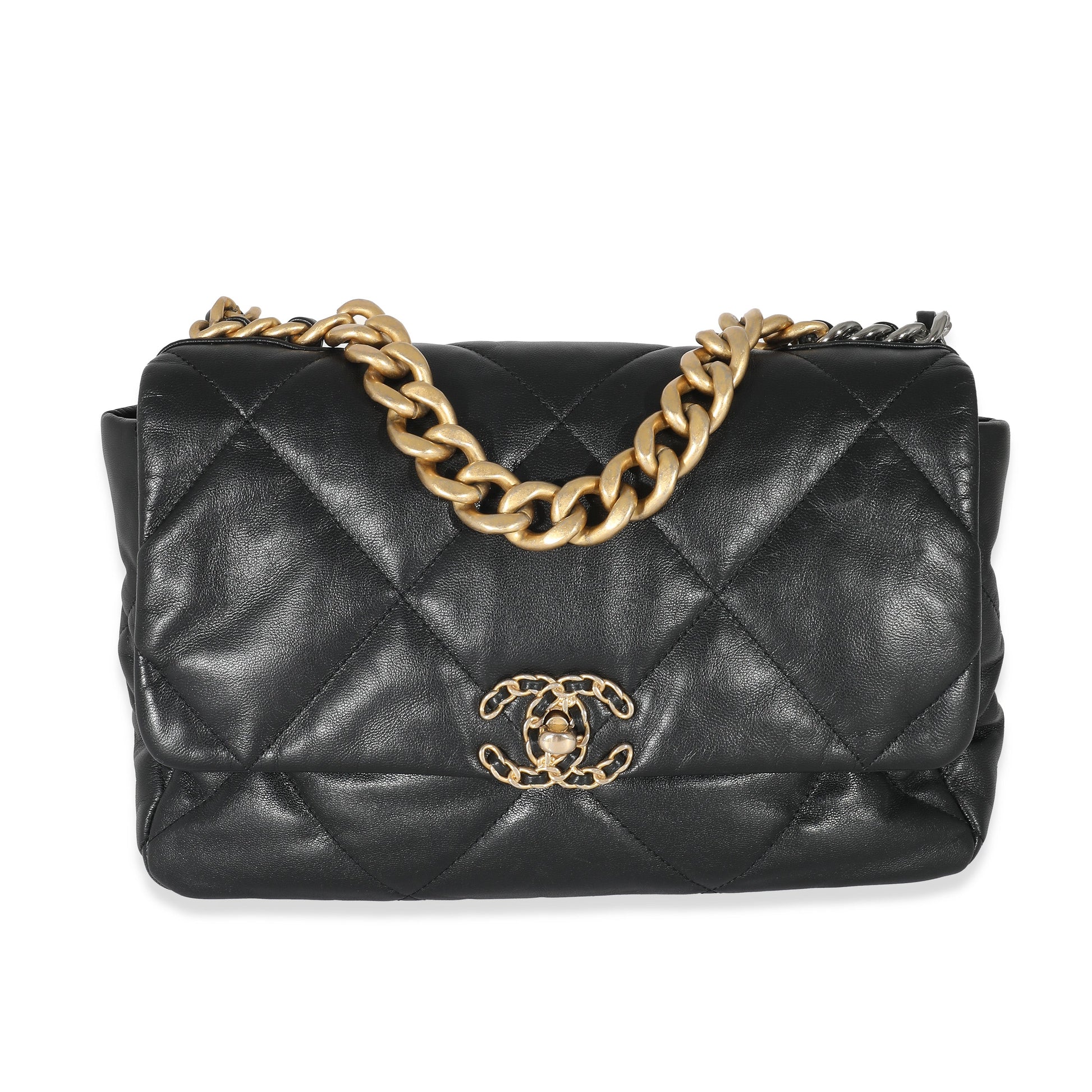 CHANEL Black Shiny Lambskin 19 Flap Bag