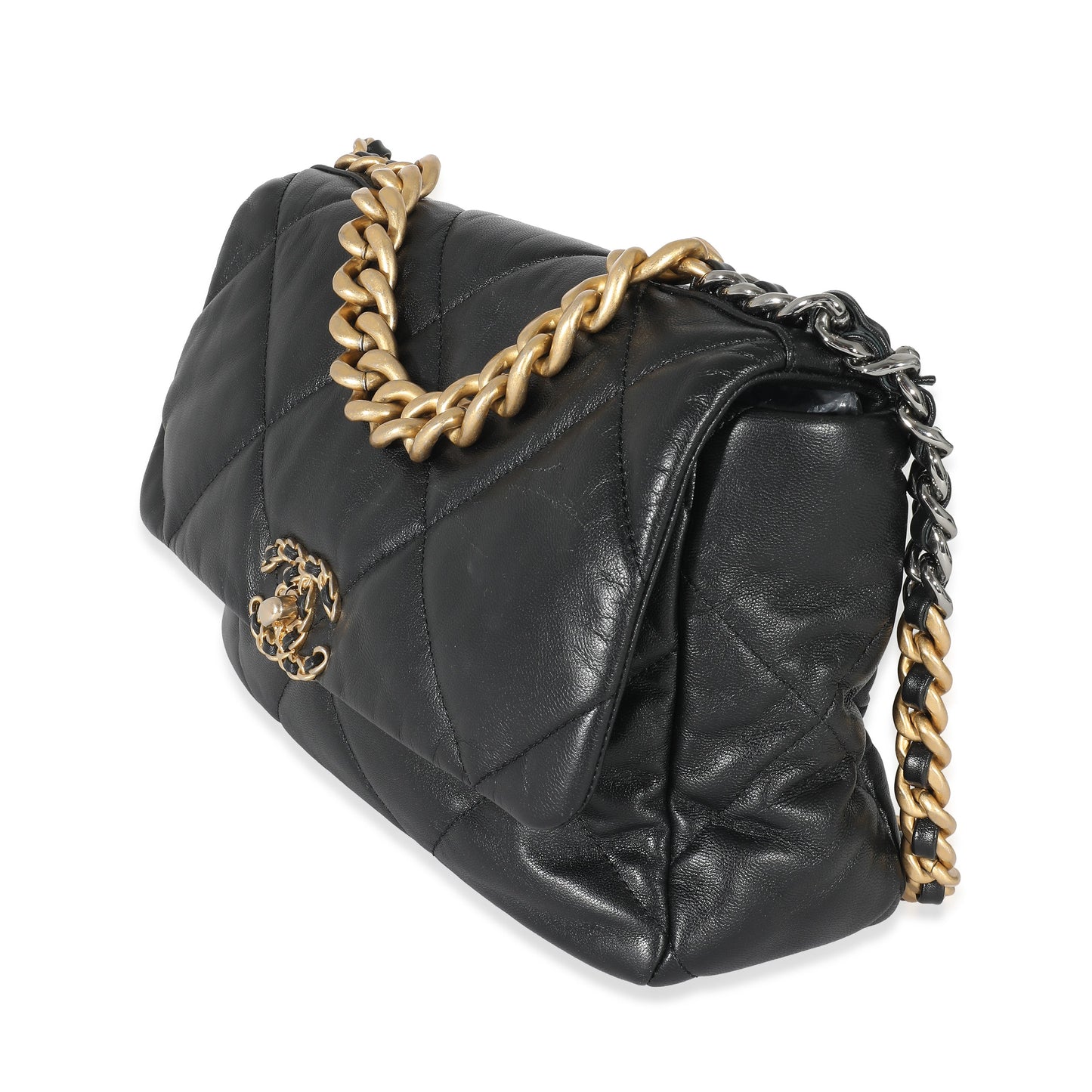 CHANEL Black Shiny Lambskin 19 Flap Bag