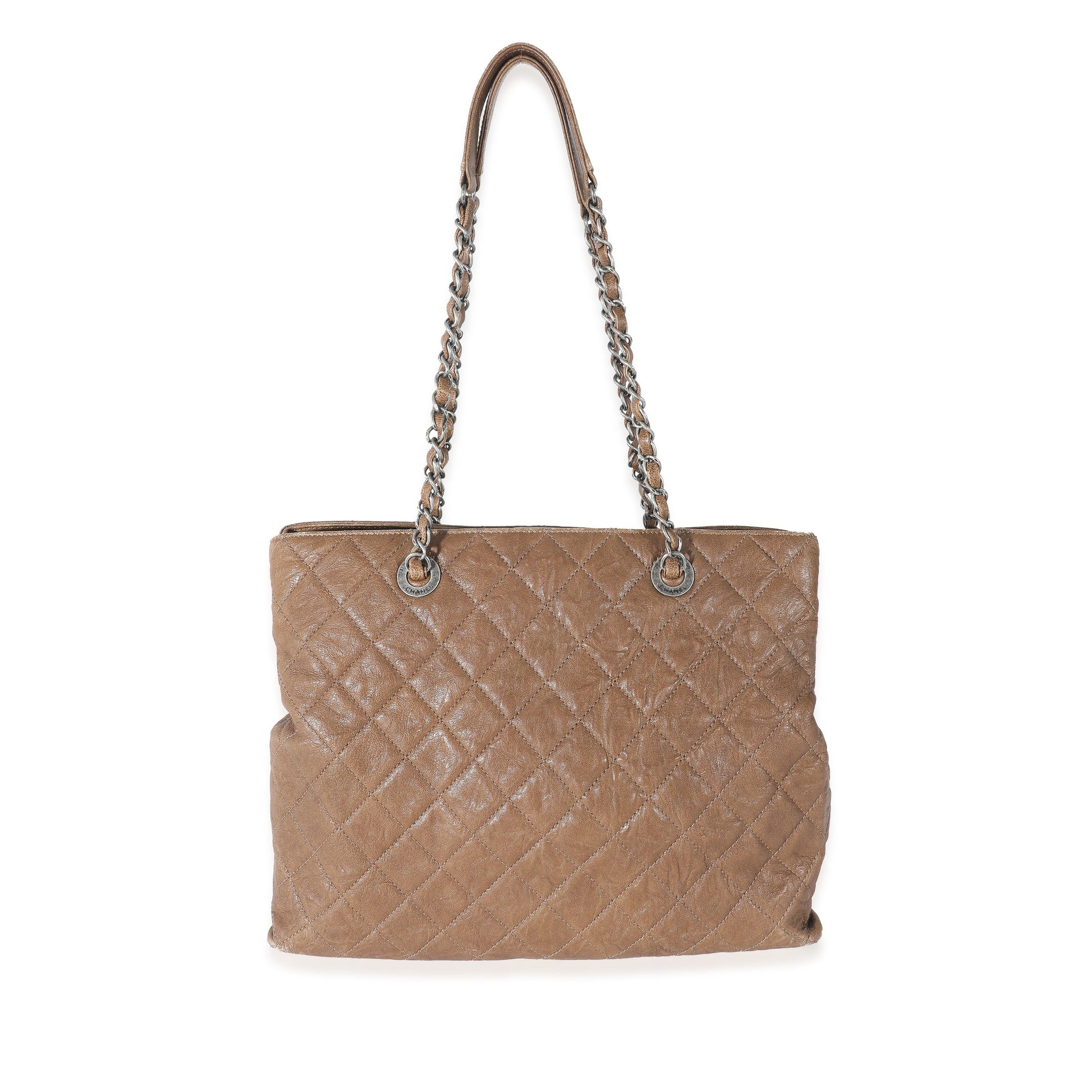 CHANEL Brown Quilted Crumpled Calfskin CC Tote