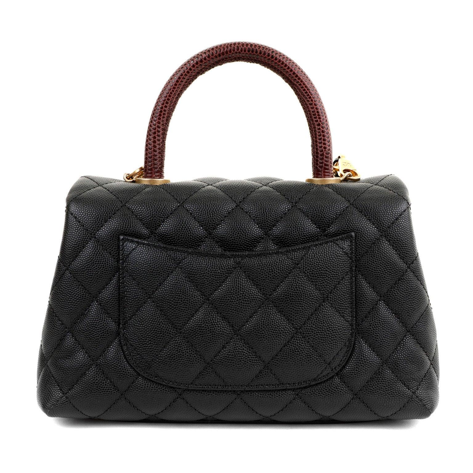 Chanel Black Caviar Lizard Coco Handle Small Flap Bag with Gold Hardware
