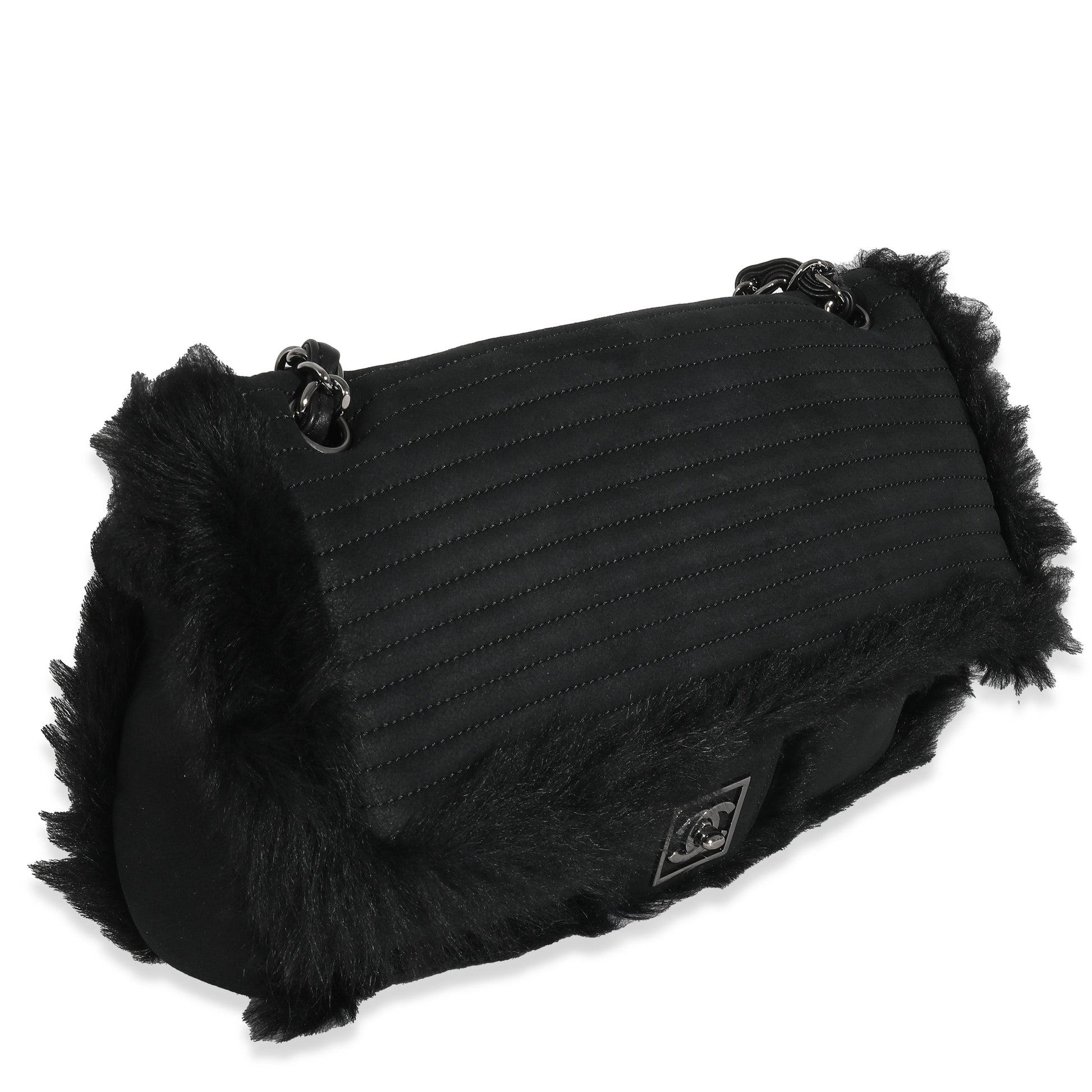 CHANEL Black Horizontal Stitch Shearling CC Flap Bag